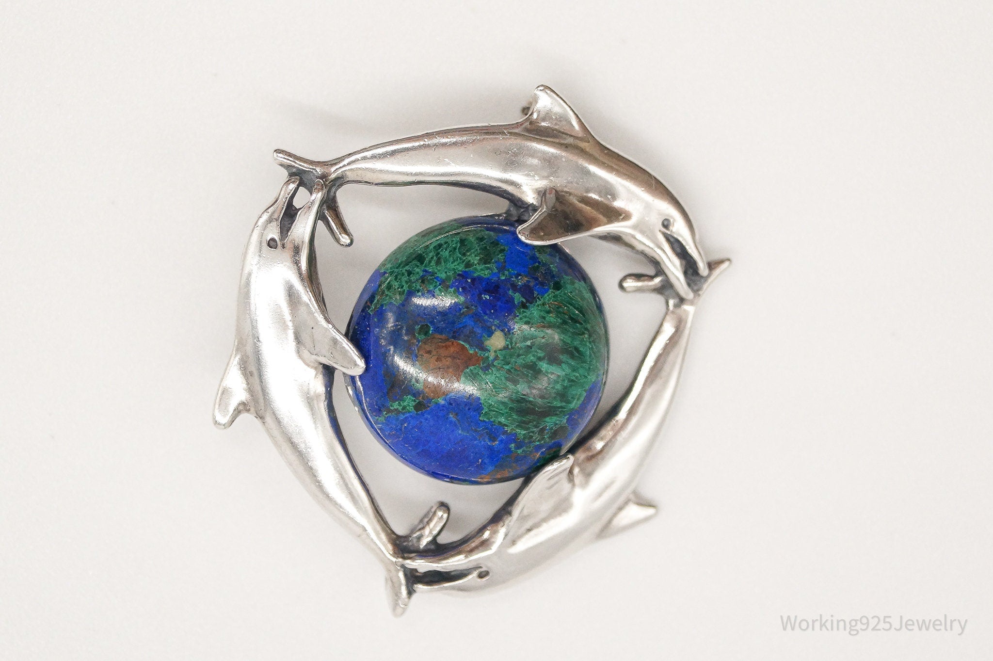 Vintage Large Azurite-Malachite Dolphins World Peace Sterling Silver Brooch