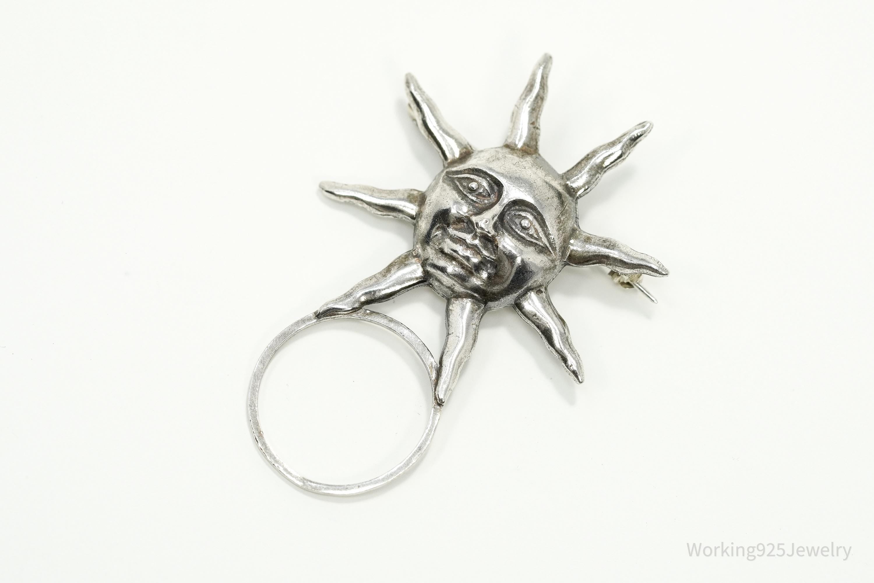 Vintage Large Sun Face Sterling Silver Pin Pendant 2.25"
