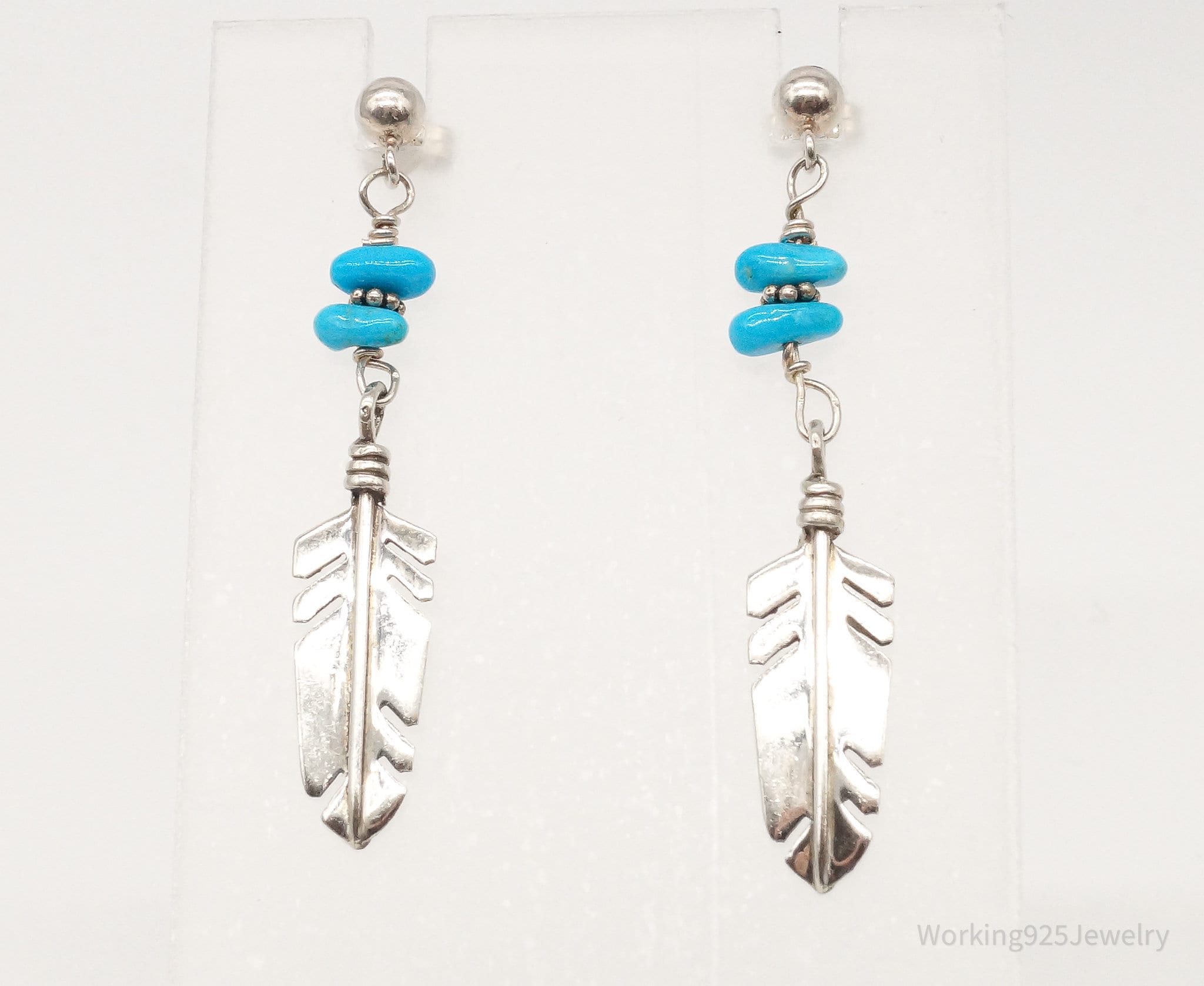 Vintage Native American Turquoise Feather Sterling Silver Earrings