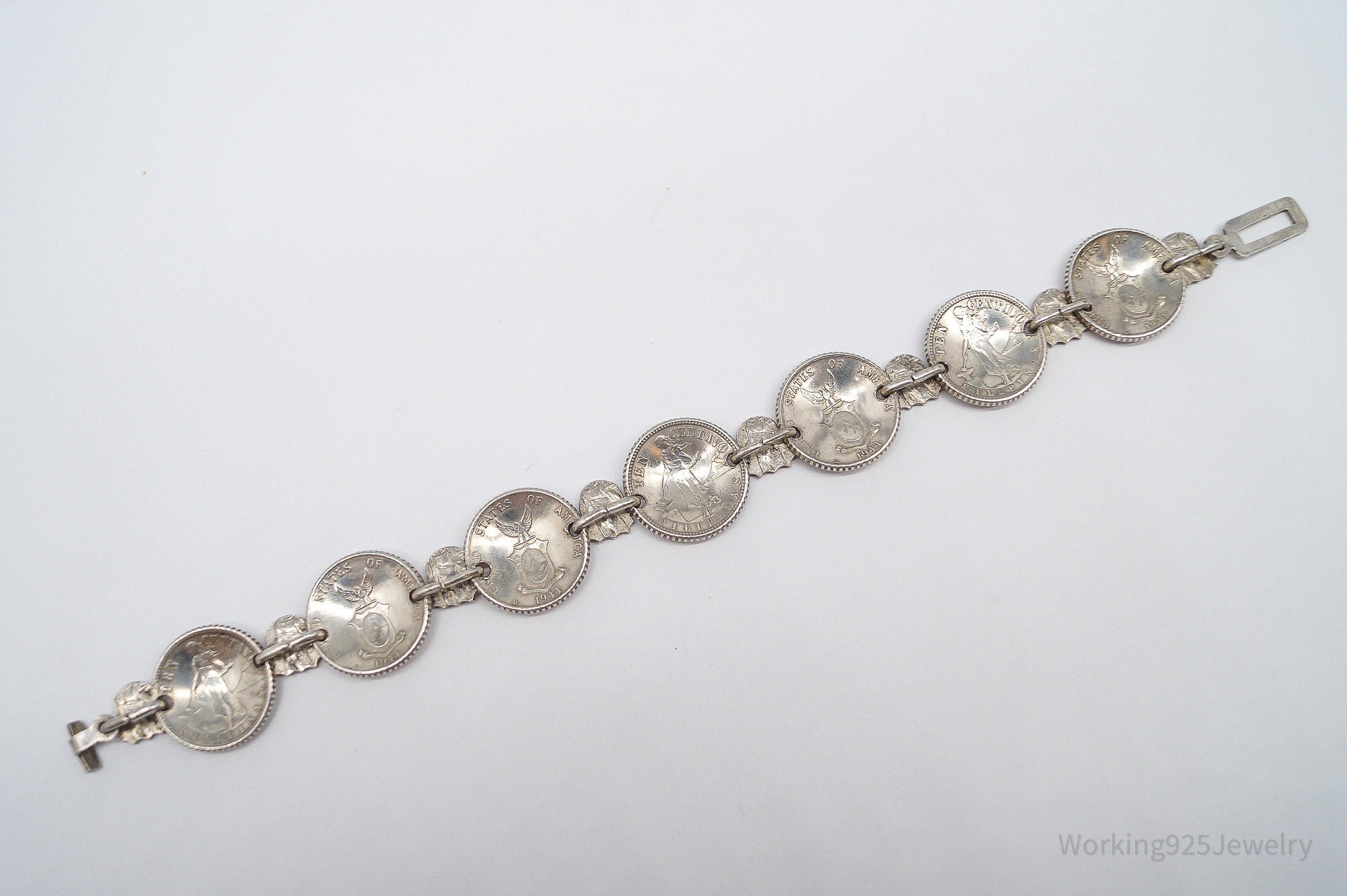Vintage 1944 Philippines Centavos Silver Bracelet - 7 1/8"
