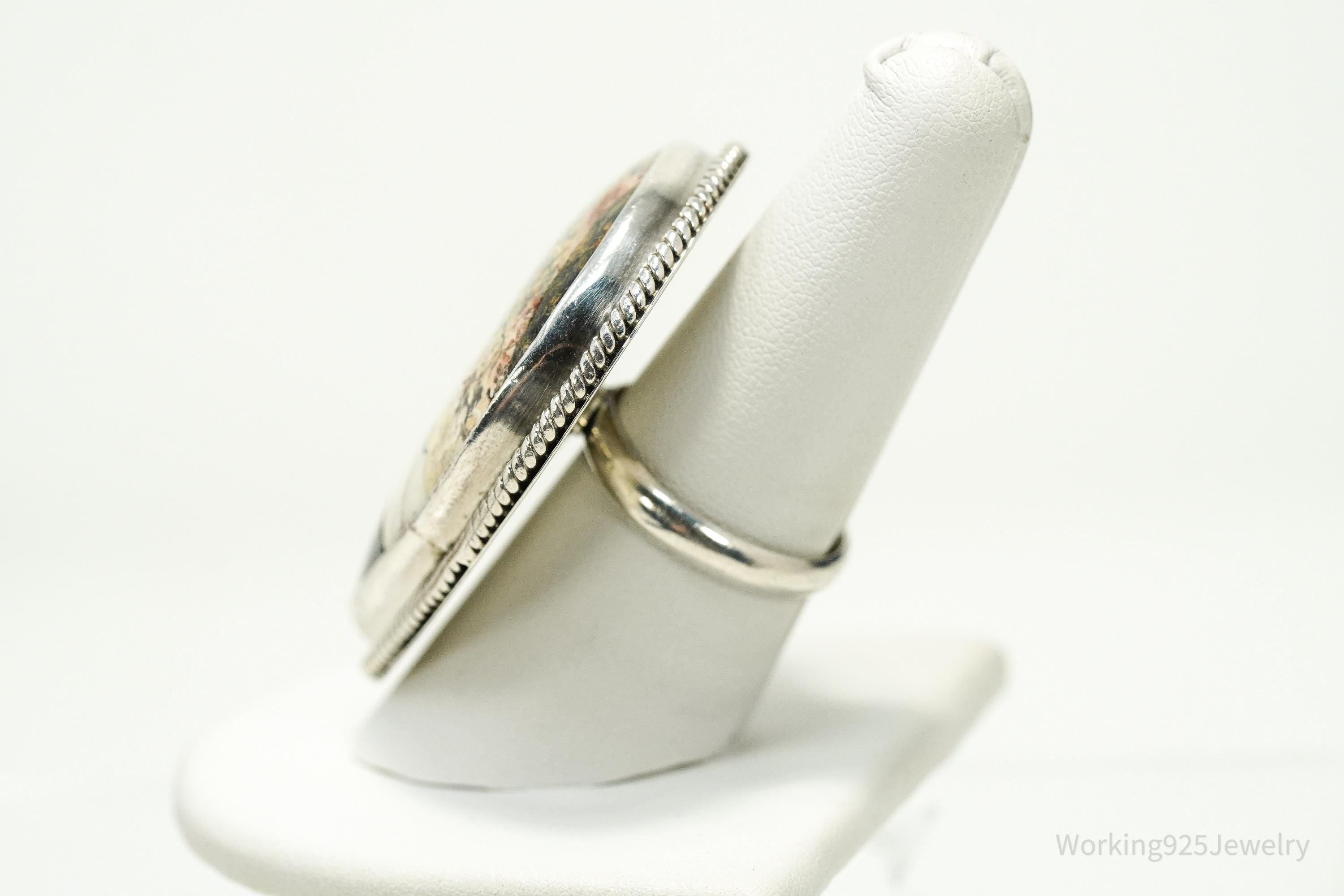 Vintage Mexico Modernist HOB Massive Agate & Black Onyx Inlay Sterling Silver Ring - Size 8