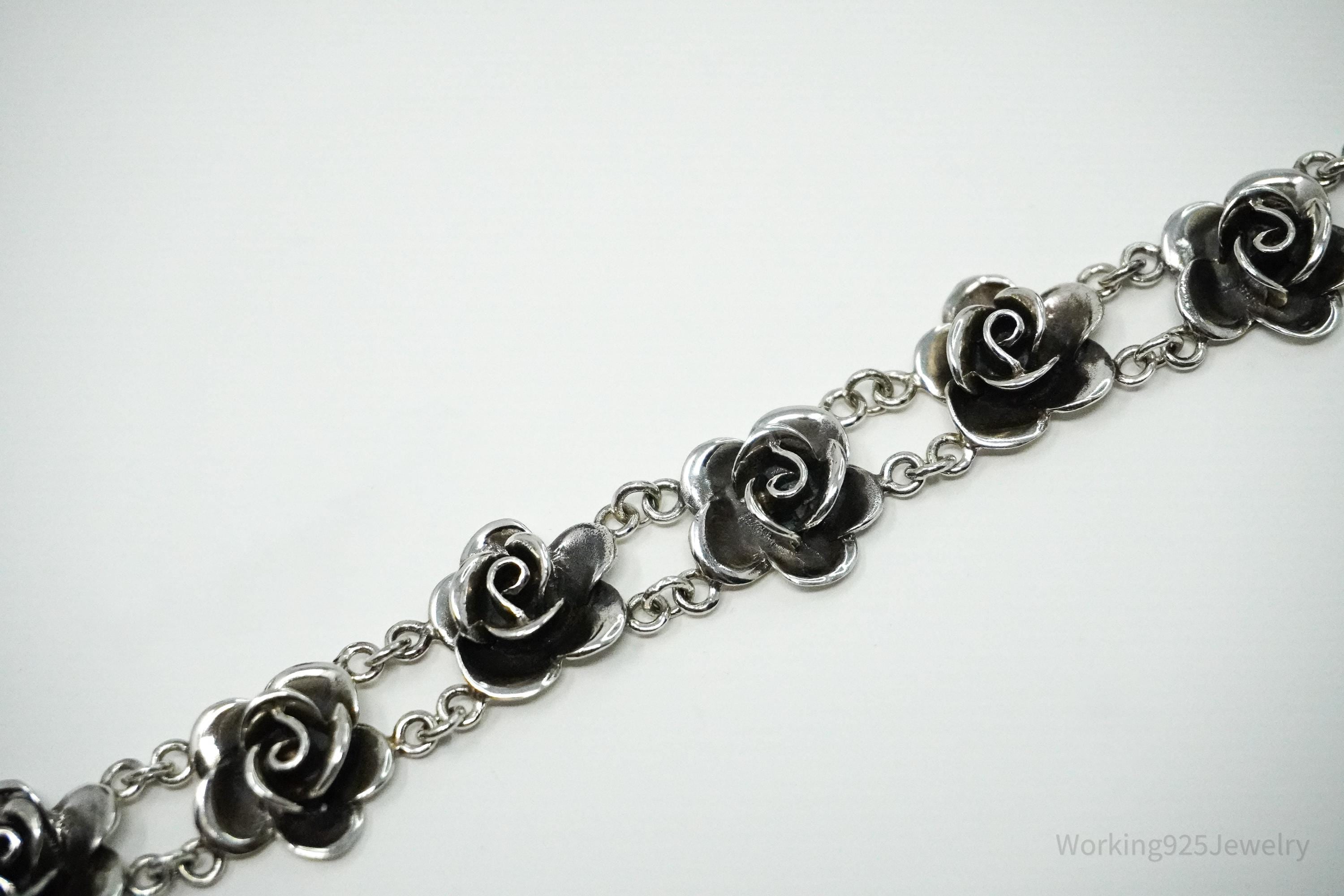 Vintage Roses Sterling Silver Bracelet 7.75"