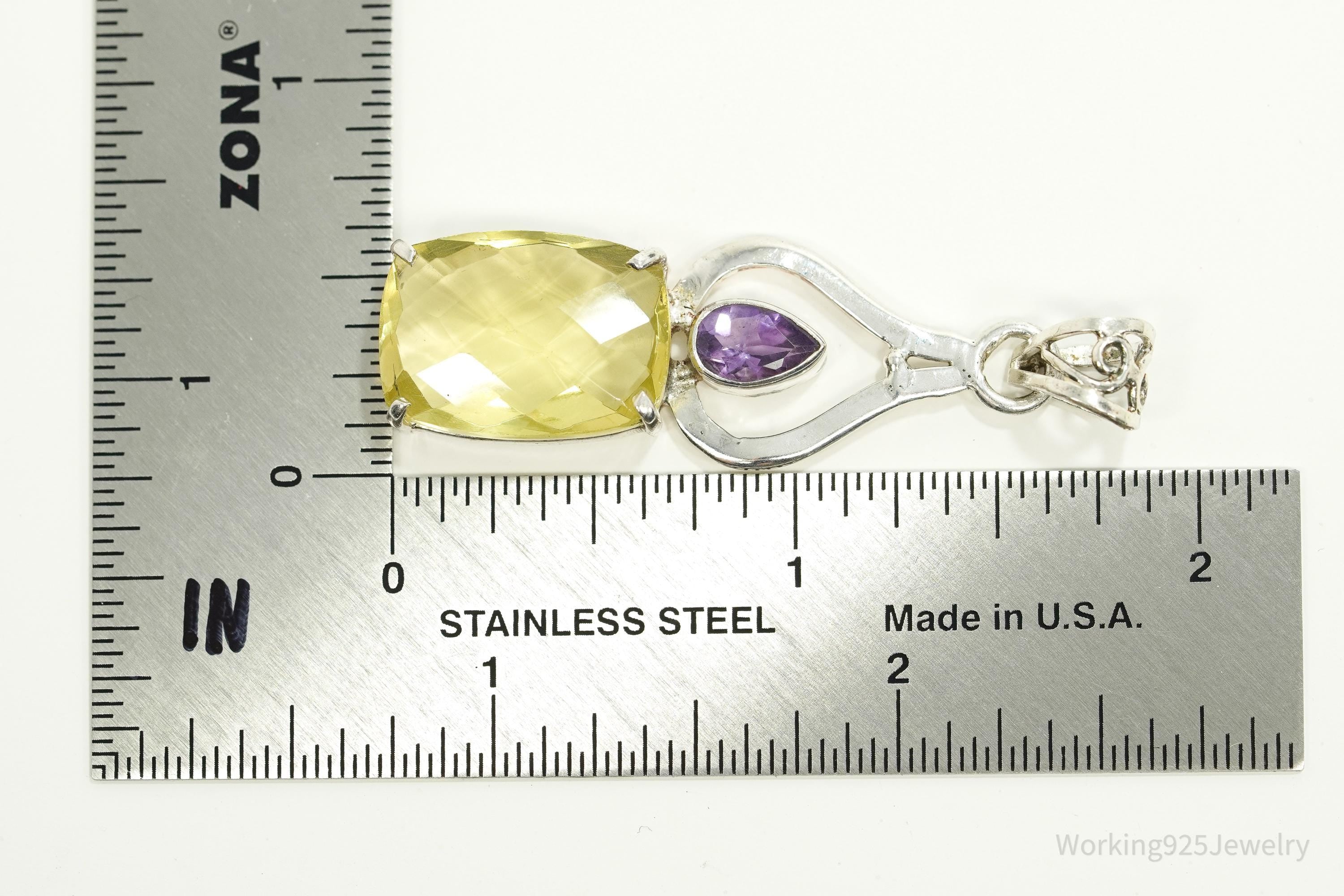 Vintage Lemon Quartz & Amethyst Sterling Silver Pendant