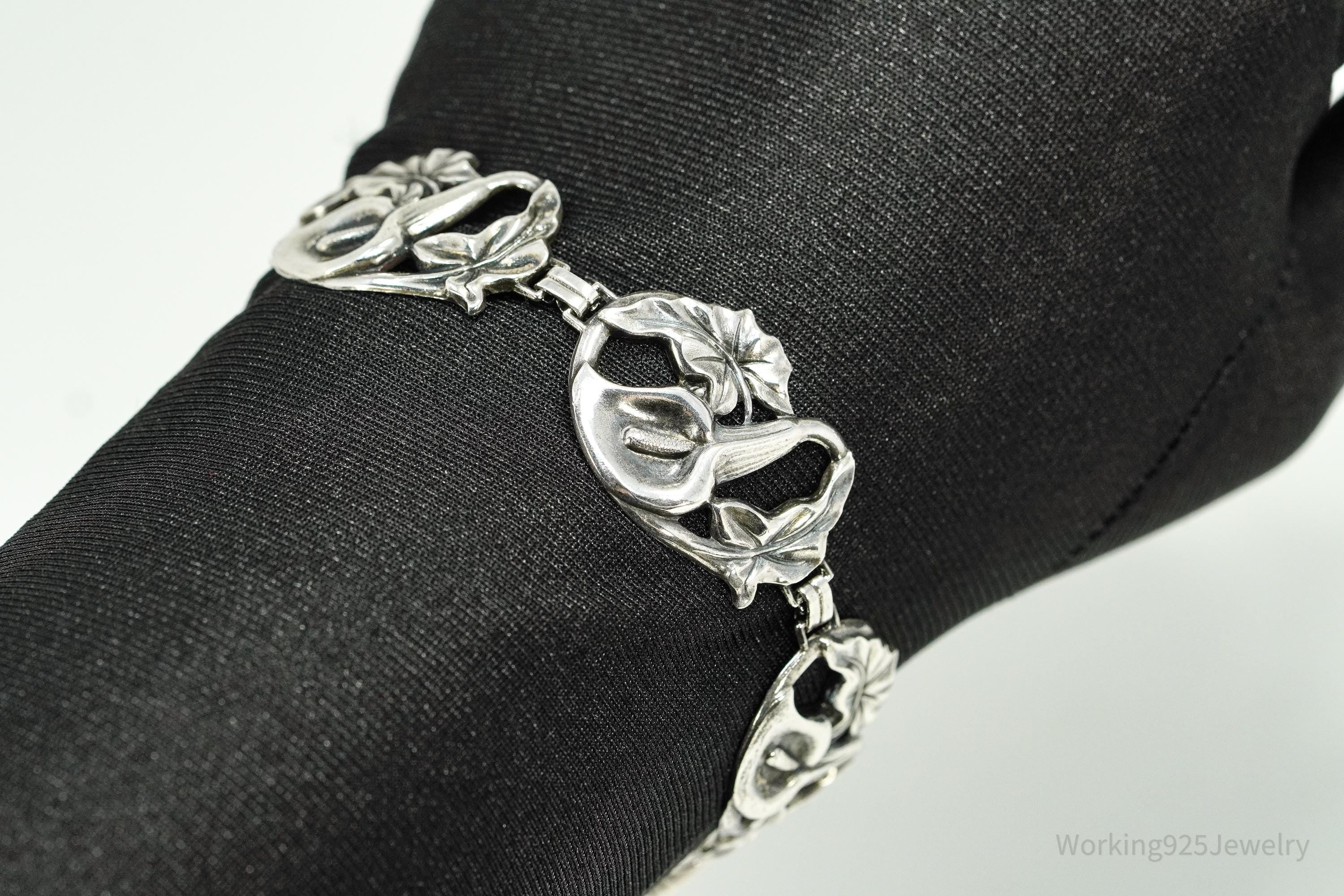 Antique Calla Lilly Floral Sterling Silver Bracelet 7 7/8"