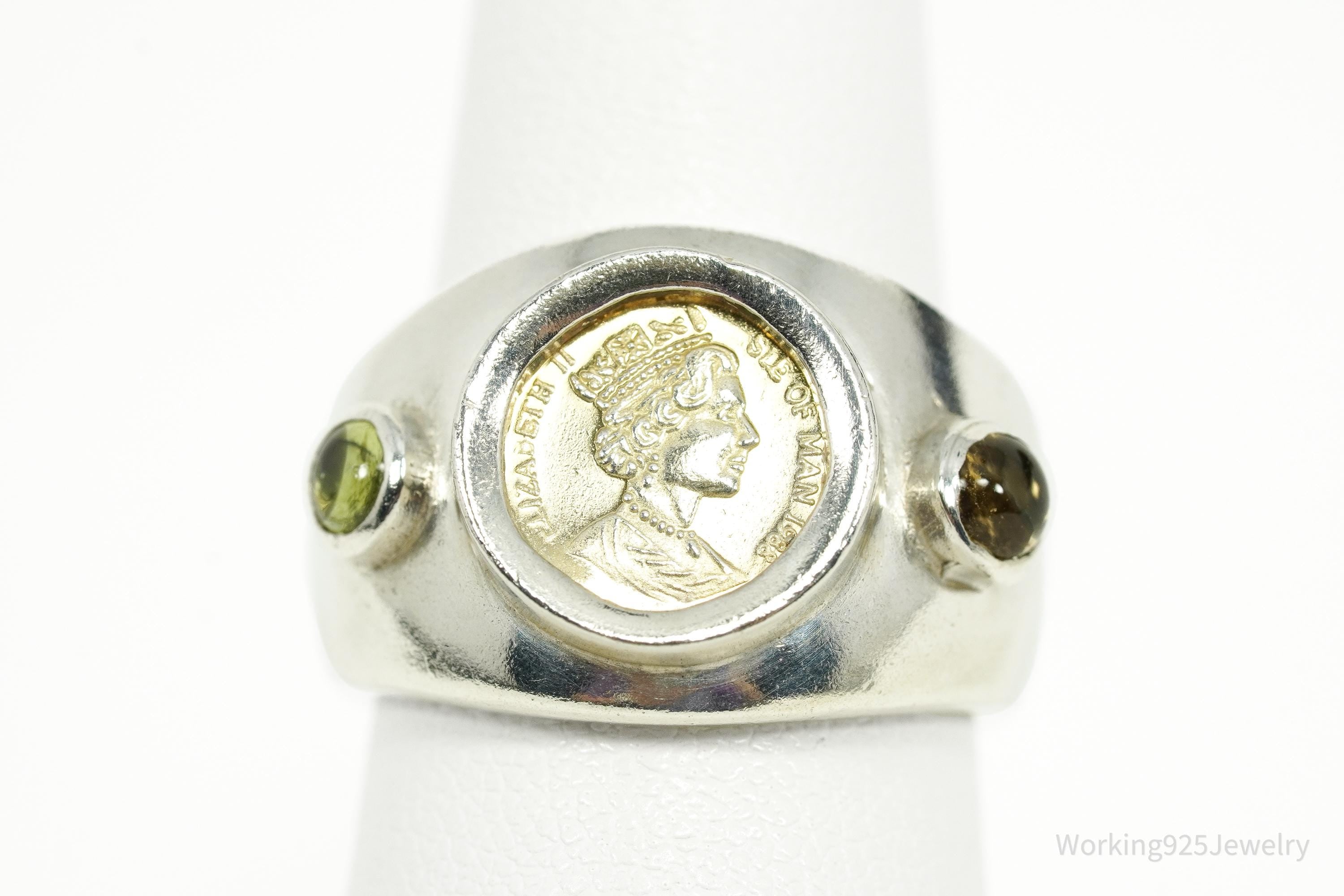 Vintage 1988 Queen Elizabeth II Isle of Man Coin Sterling Silver Ring - Size 6.75