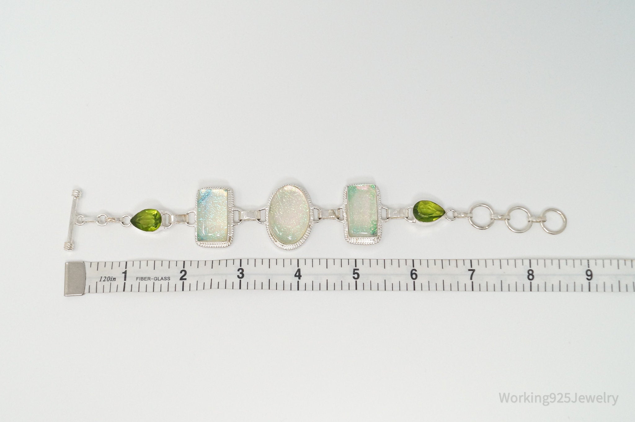 Vintage Rainbow Dichroic Glass Peridot Sterling Silver Toggle Bracelet