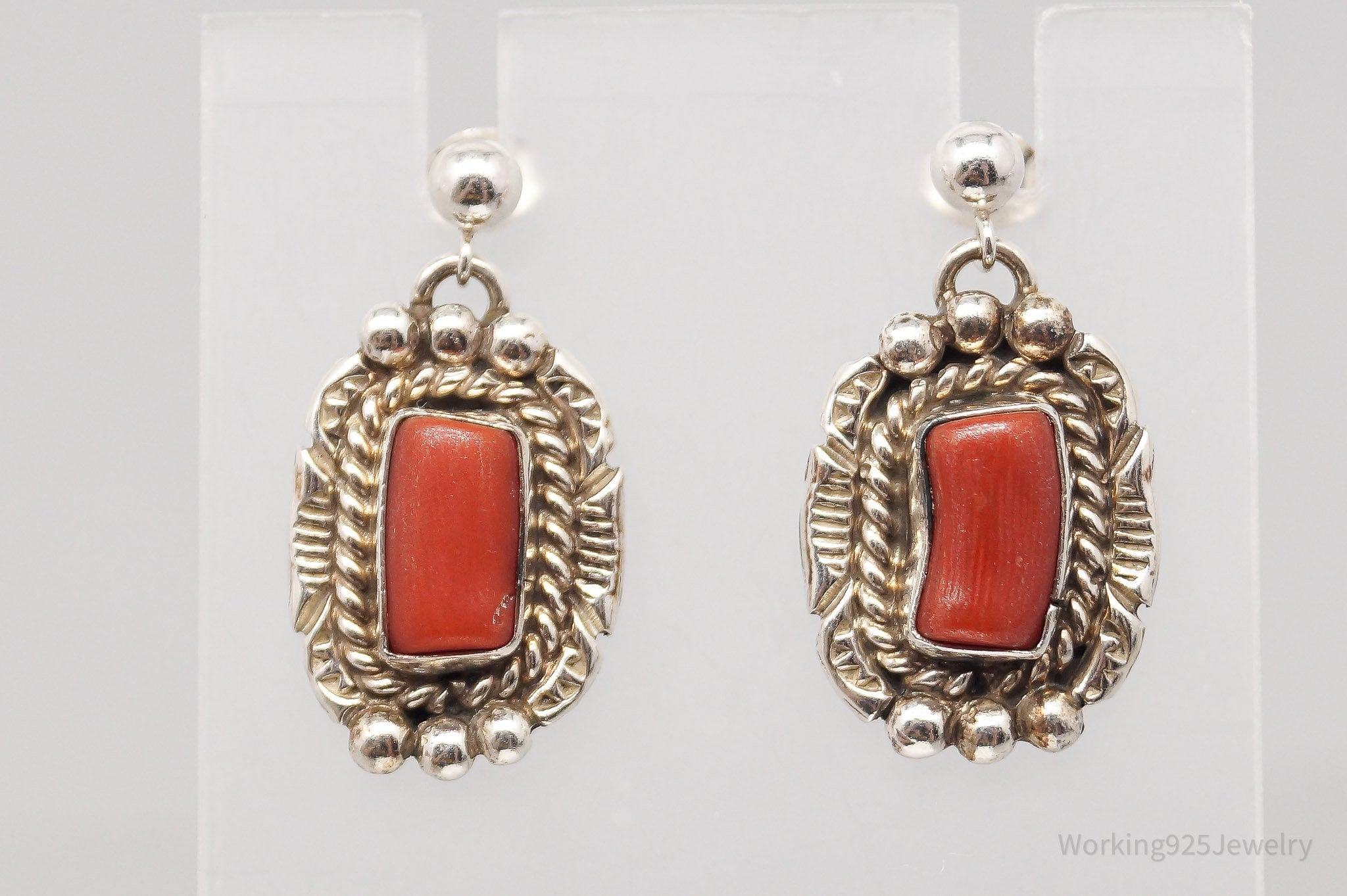 Vintage Native American NE Coral Sterling Silver Earrings