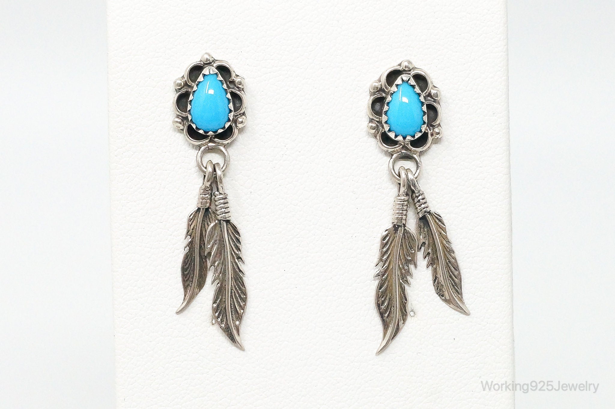 Vintage Native American RB Turquoise Feather Sterling Silver Earrings