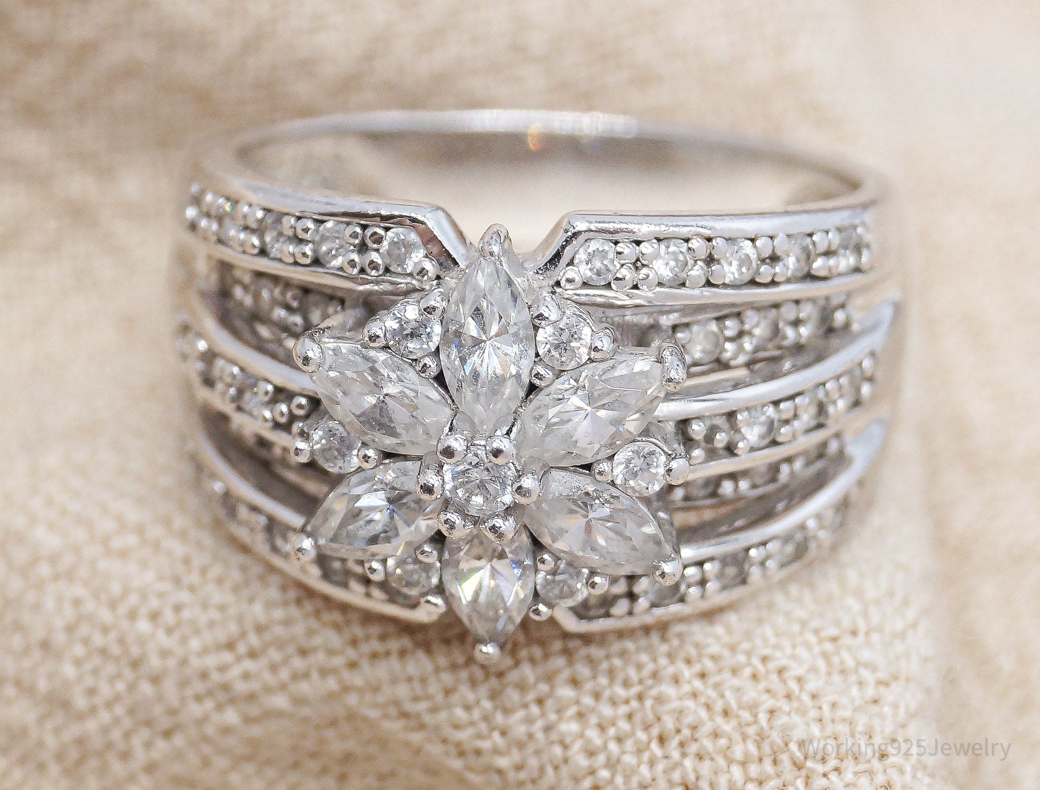 Vintage SW Cubic Zirconia Flower Sterling Silver Ring - Size 7