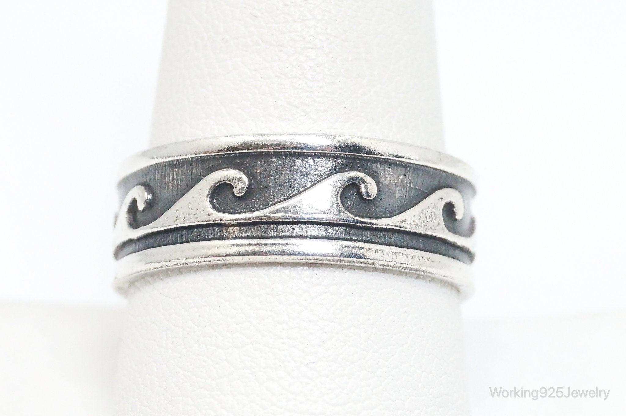 Vintage Wave Scroll Oxidized Design Sterling Silver Band Ring - Size 10