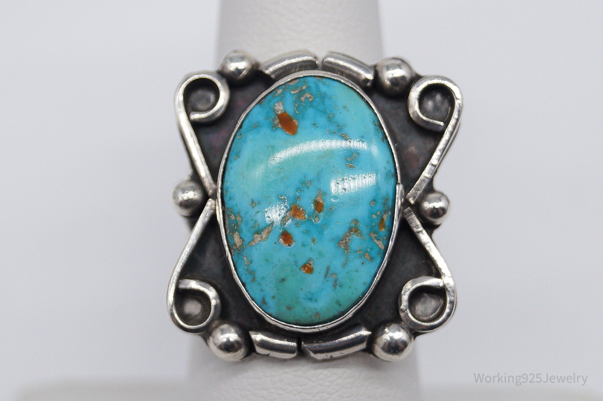 Vintage Handmade Native American Turquoise Unsigned Silver Ring - Size 6.75