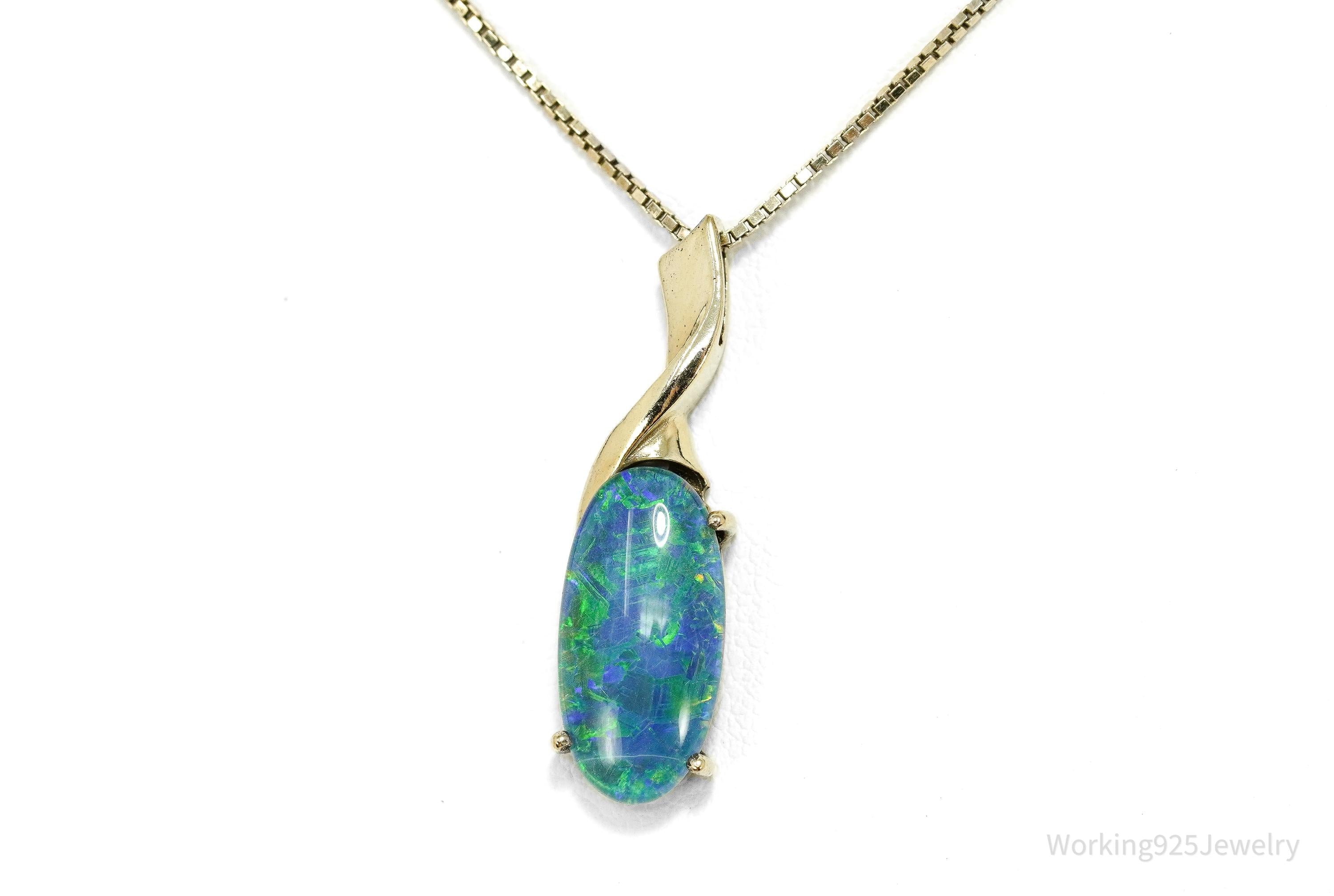 Vintage Blue Opal Triplet Gold Vermeil Sterling Silver Necklace 18"