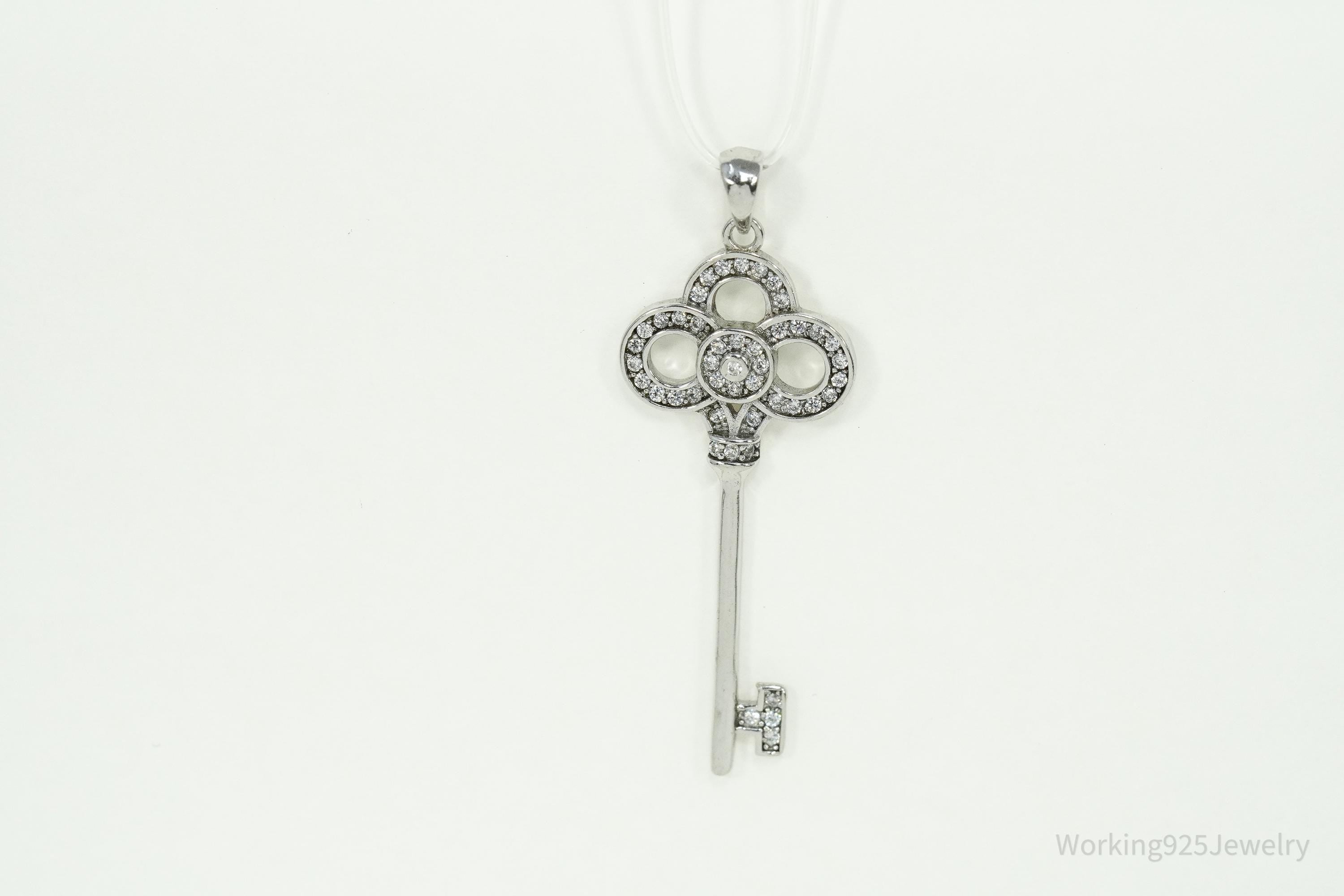 Vintage Cubic Zirconia Sterling Silver Key Pendant 1 11/16"
