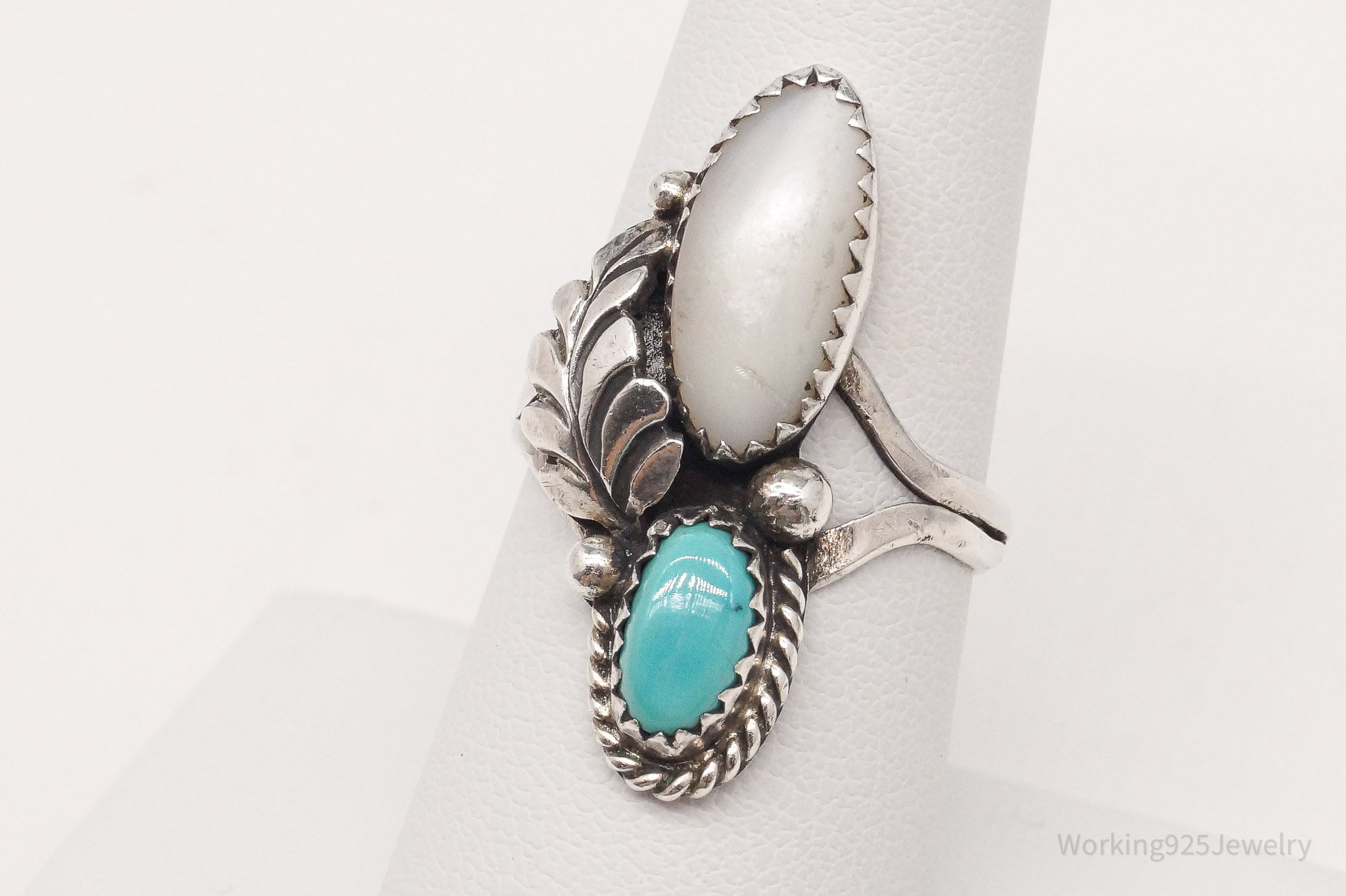 Vintage Native American Turquoise Mother Of Pearl Silver Ring - Size 7.75