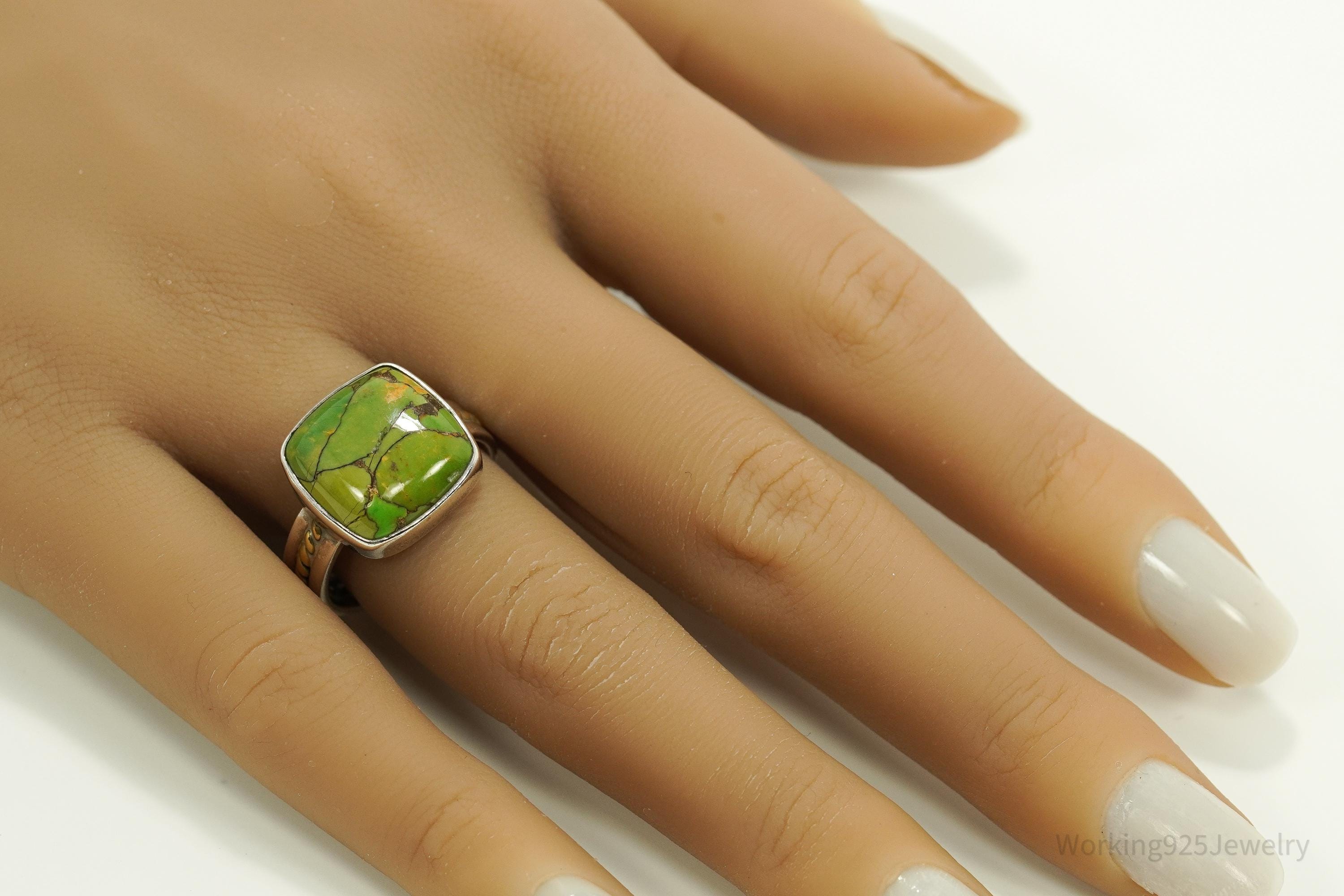 Vintage India Designer YS Green Copper Turquoise Two Tone Sterling Silver Ring - Size 9