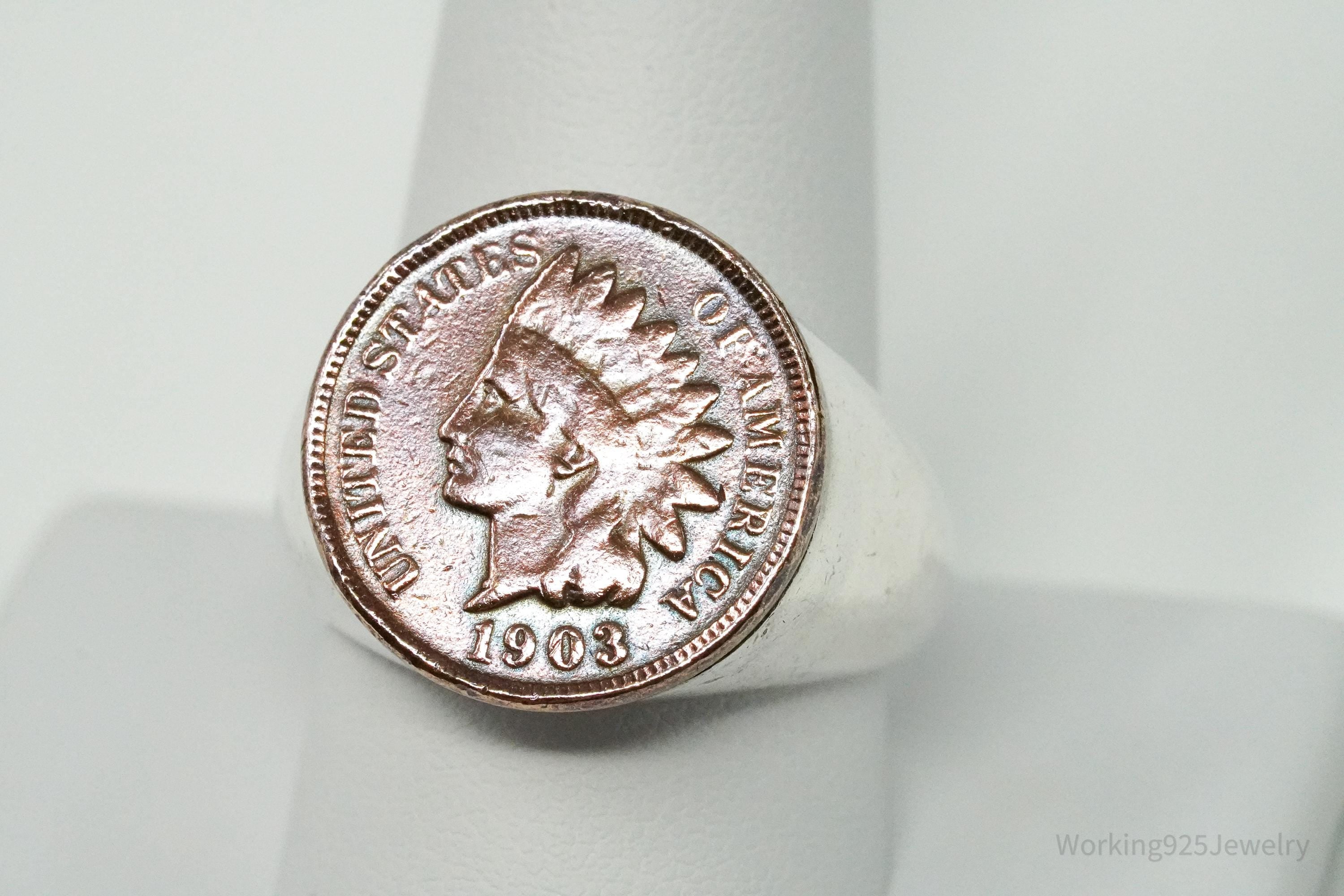 Vintage 1903 Indian Head Cent Penny Silver Ring - Size 10.5