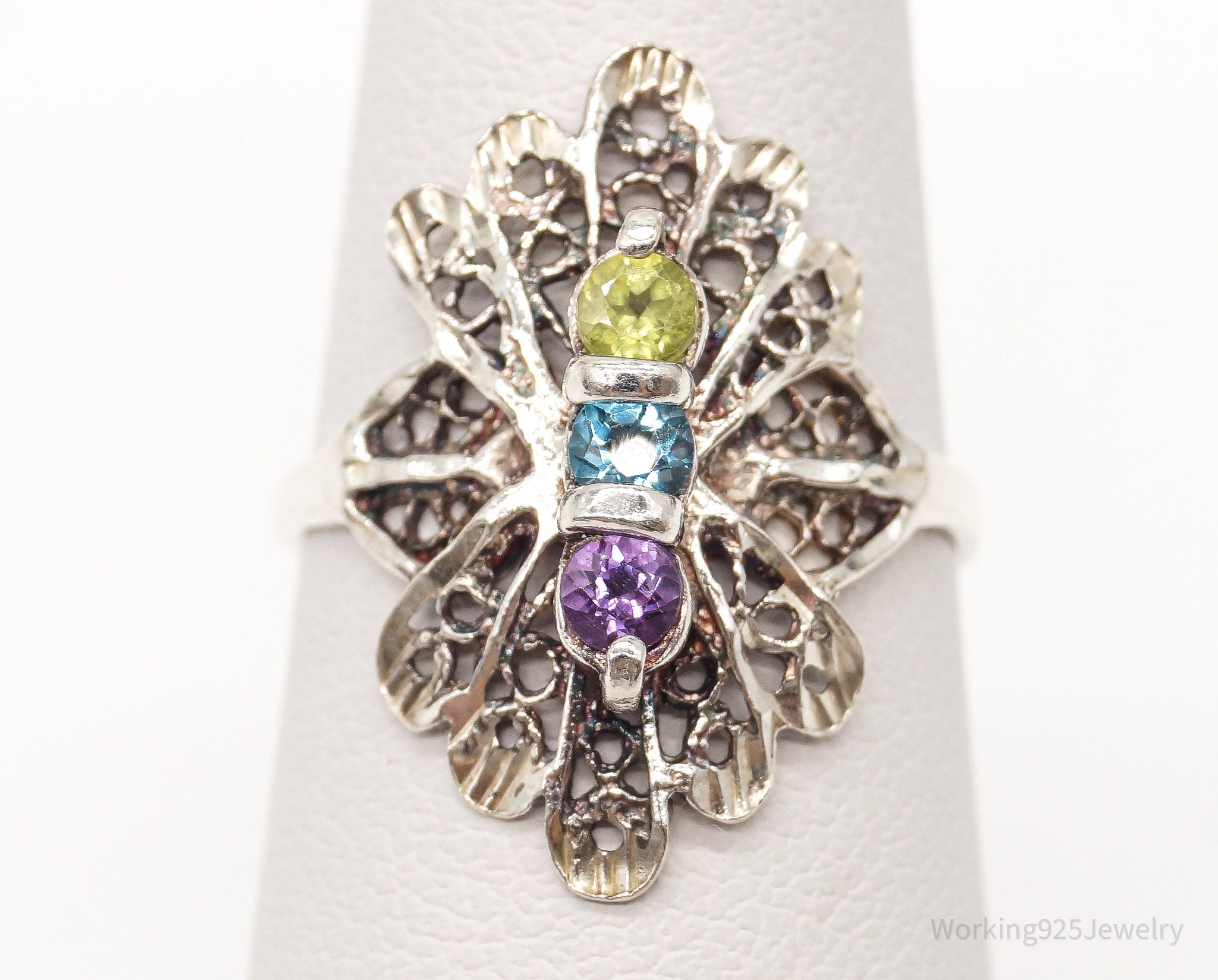 Vintage Peridot Blue Topaz Amethyst Sterling Silver Ring - Size 6