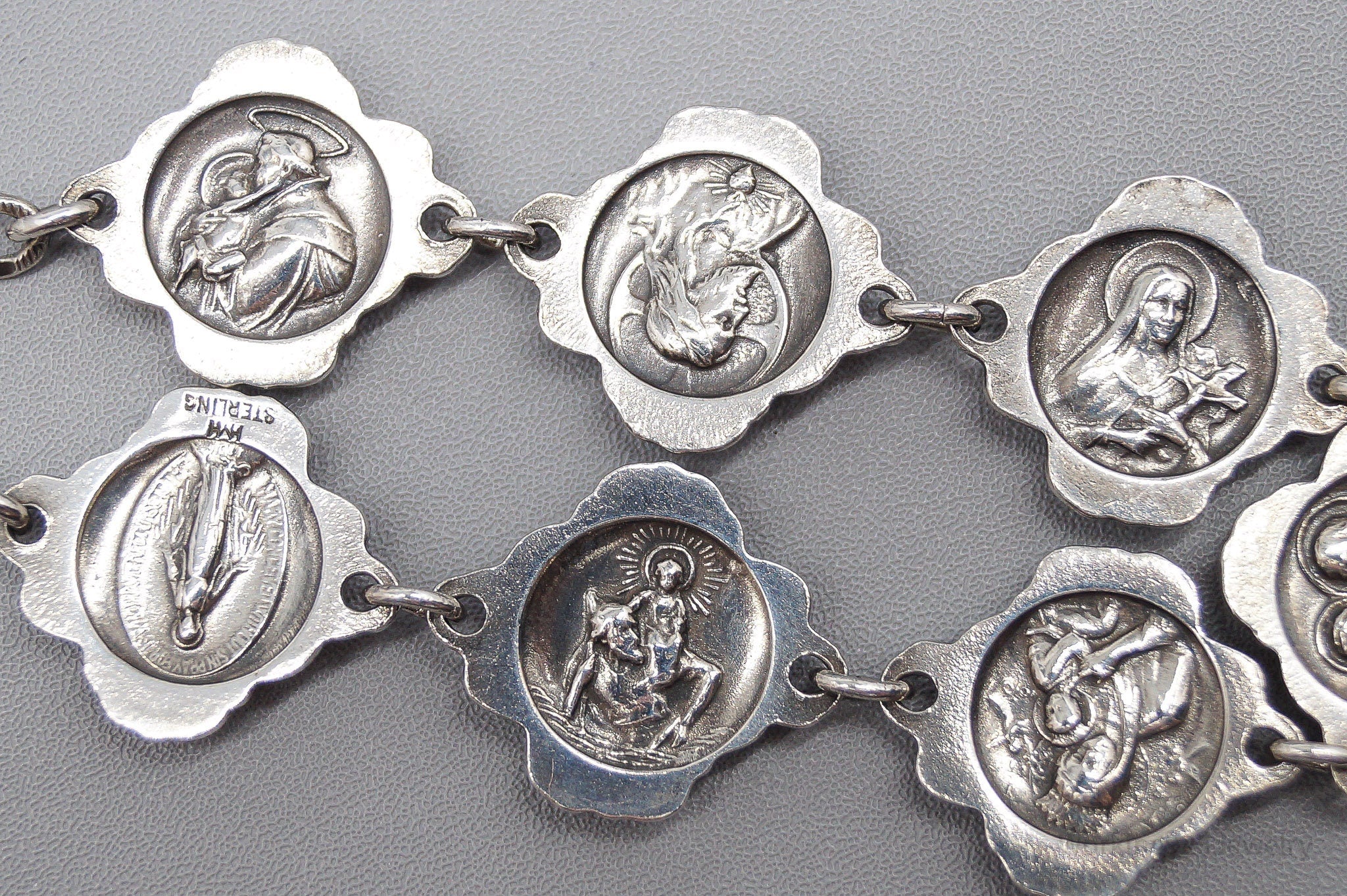 Antique Rosary Roses Mary & Saints Sterling Silver Bracelet - 7 7/8"