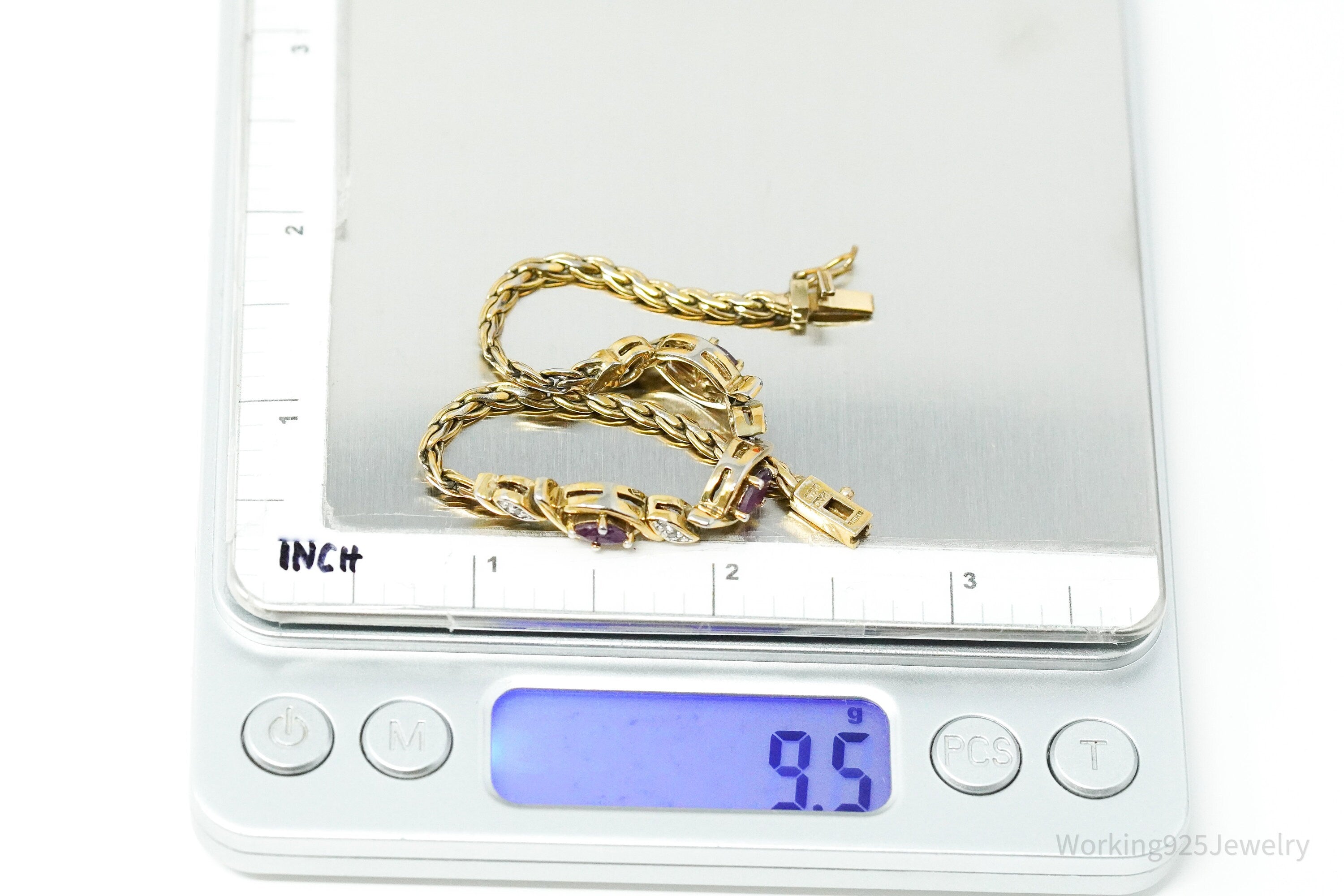 Vintage PAJ Diamond & Ruby Gold Over Sterling Silver Bracelet 7.25"