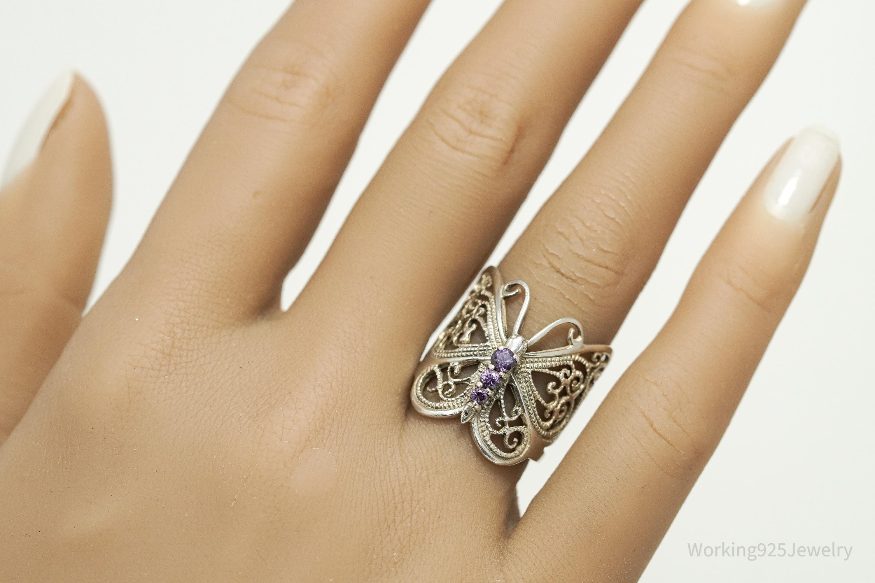 Vintage Amethyst Butterfly Sterling Silver Ring - Size 7.75