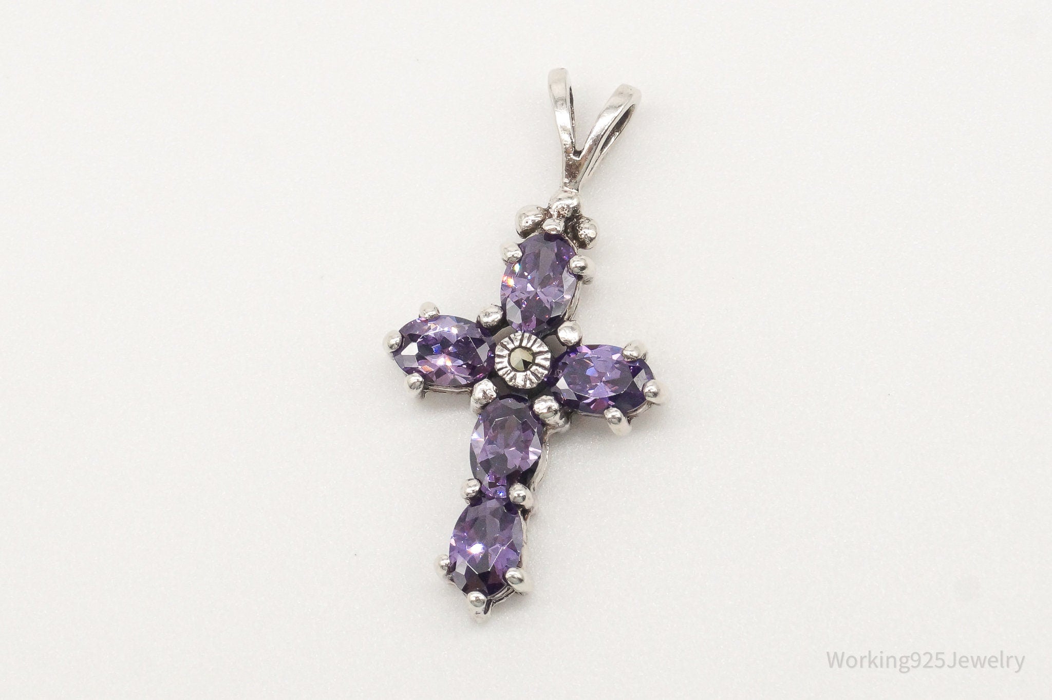 Vintage Purple Cubic Zirconia Marcasite Cross Sterling Silver Pendant