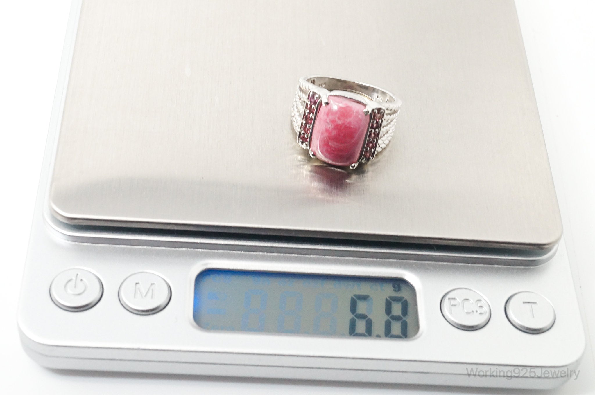 Vintage Thulite Pink CZ Cable Sterling Silver Statement Ring - Size 8