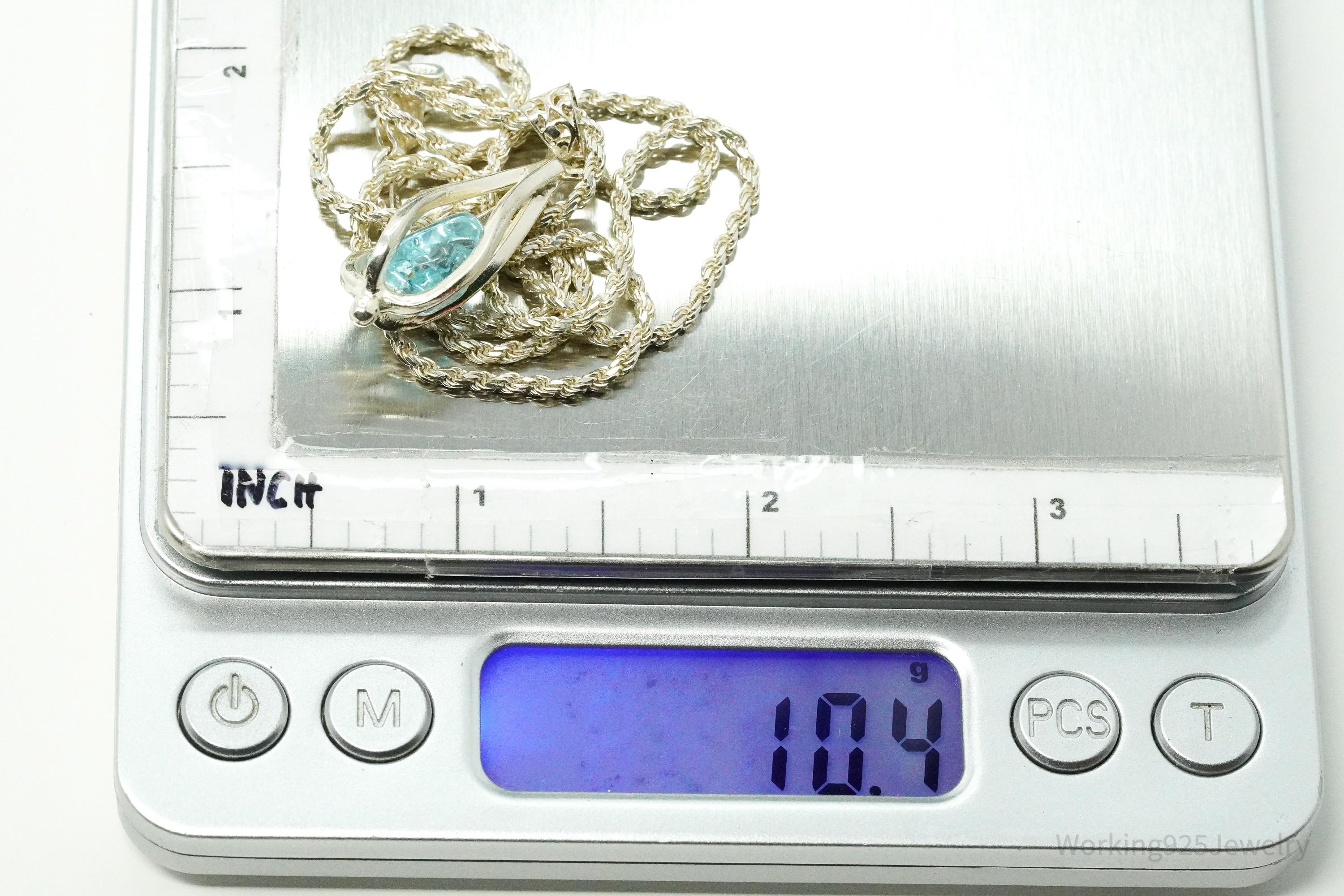 Vintage Caged Blue Stone Sterling Silver Necklace 18"