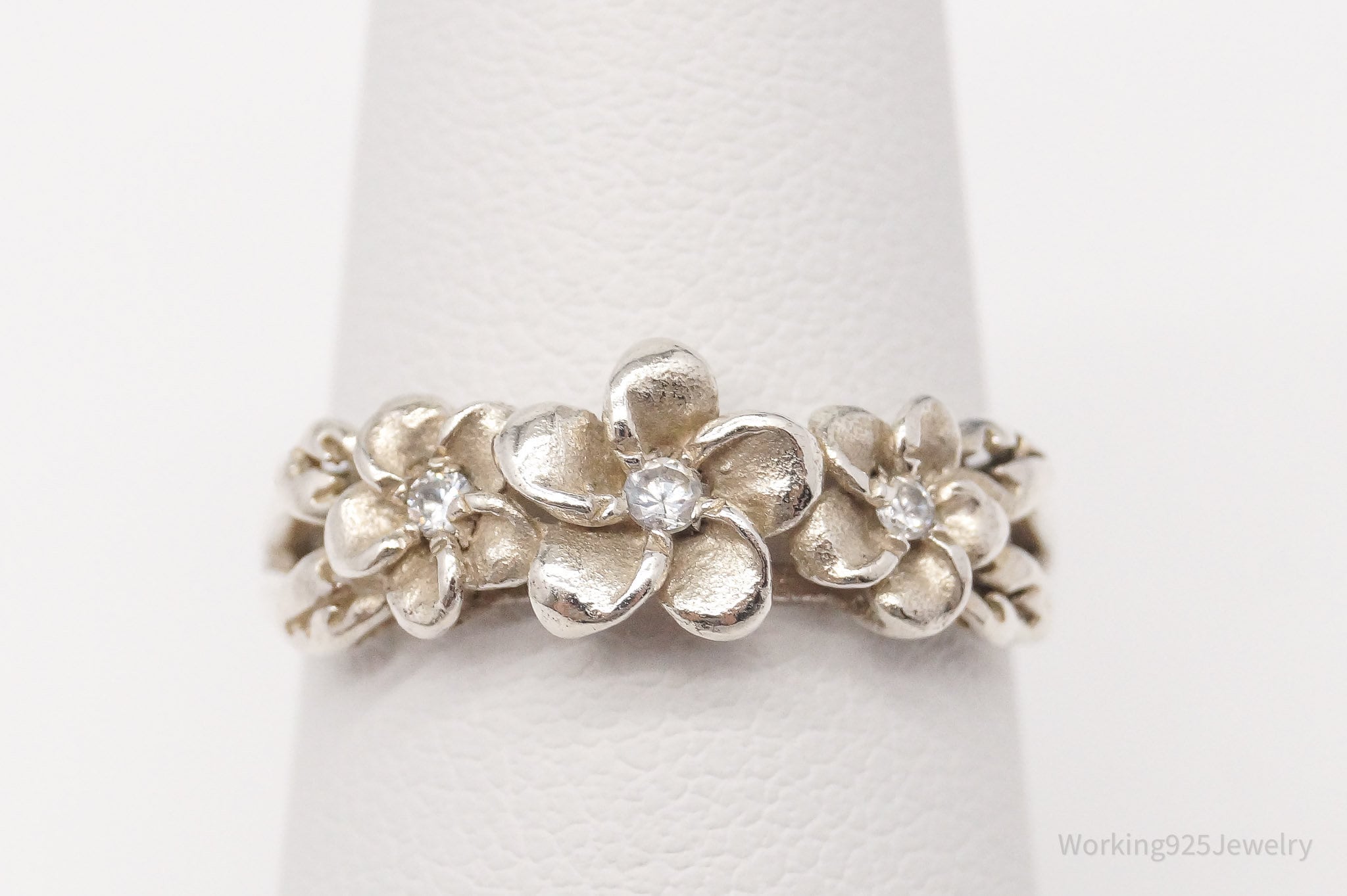 Vintage Cubic Zirconia Flowers Sterling Silver Ring - Size 7