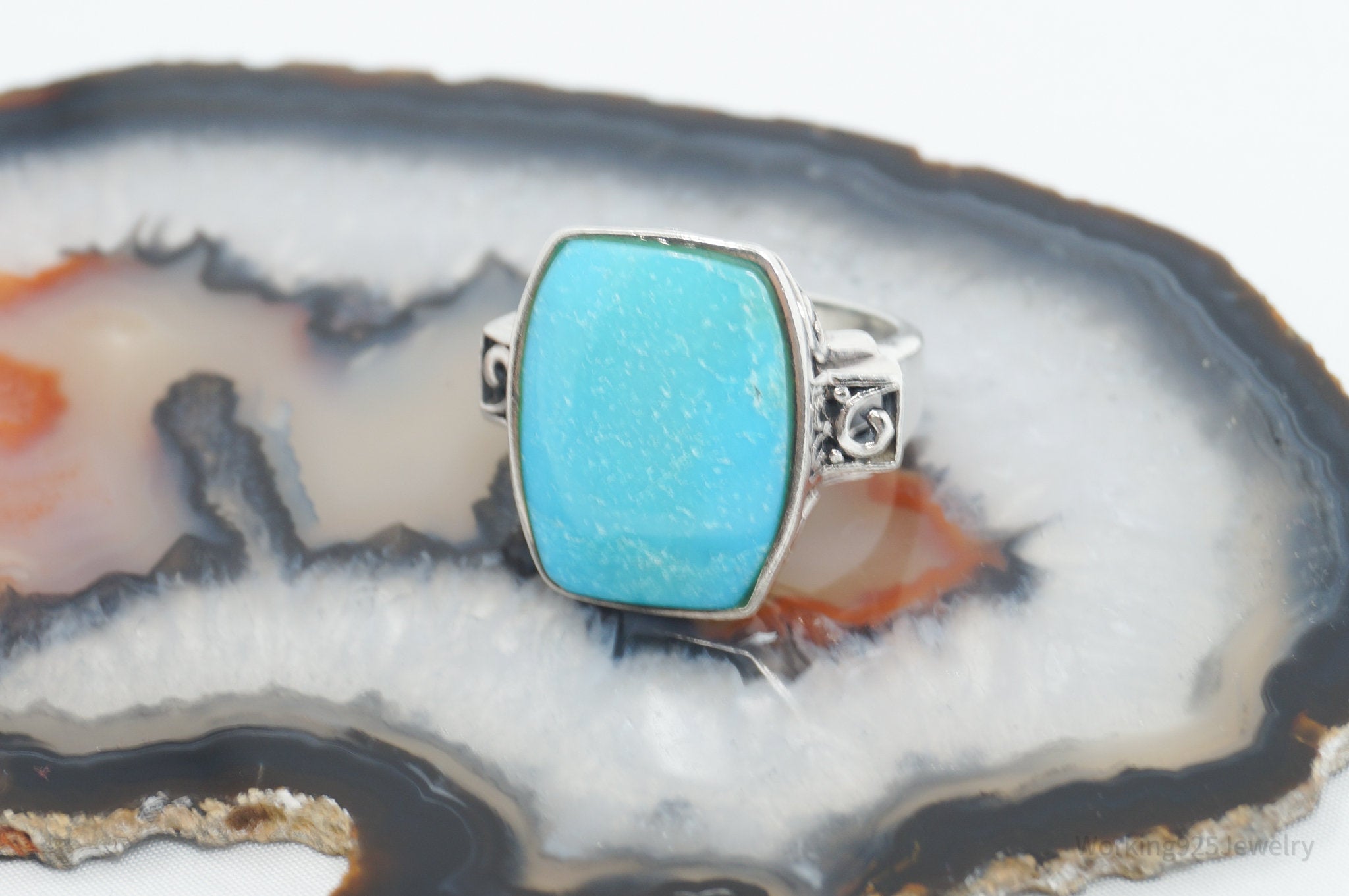 Vintage Large Turquoise Scroll Sterling Silver Ring - Size 8.75