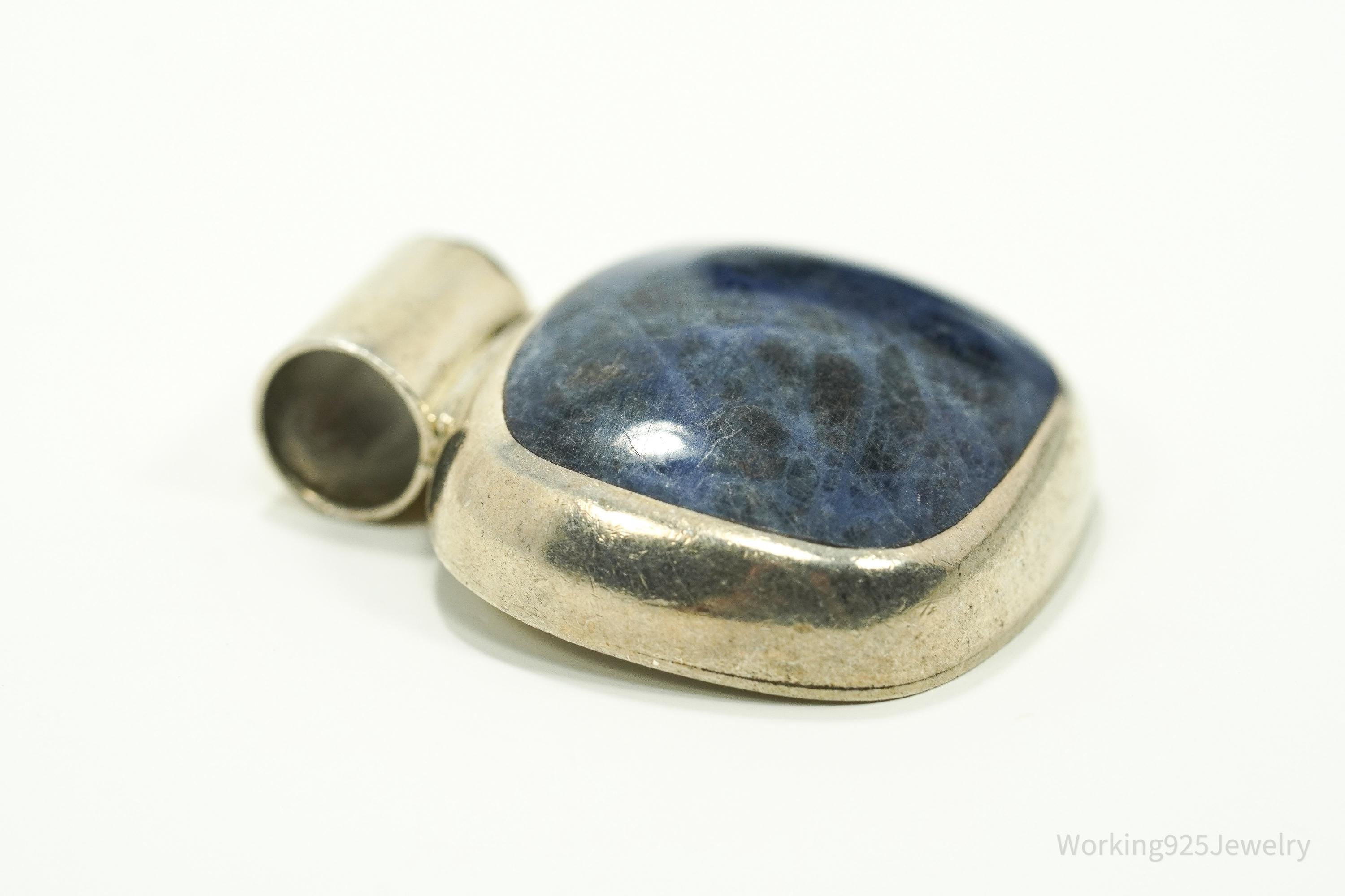 Vintage Large Mexico Modernist Style Sodalite Sterling Silver Pendant 1 9/16"
