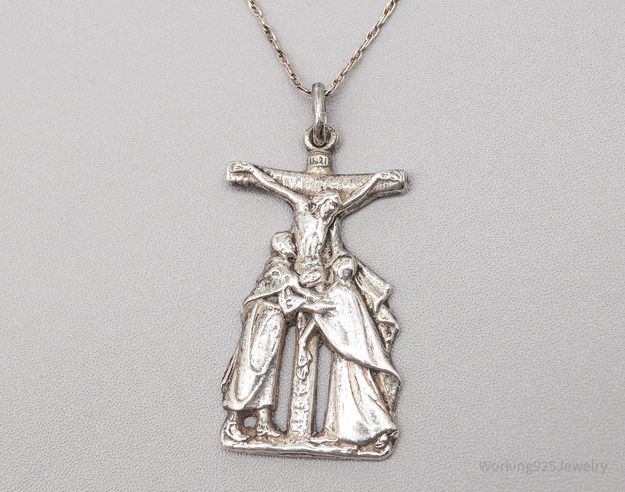 Vintage Jesus Cross Sterling Silver Necklace - 18"