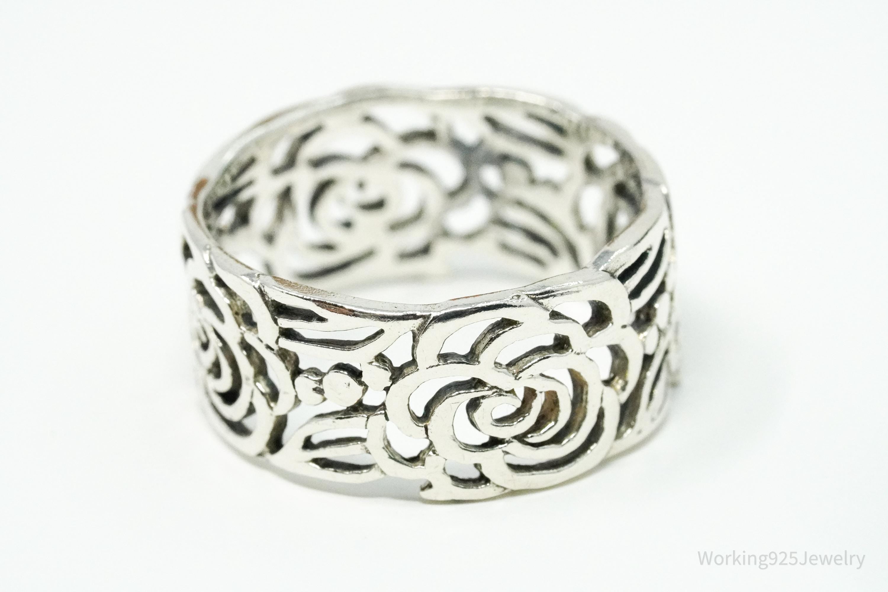 Vintage Roses Cut Out Sterling Silver Band Ring - Size 9.5