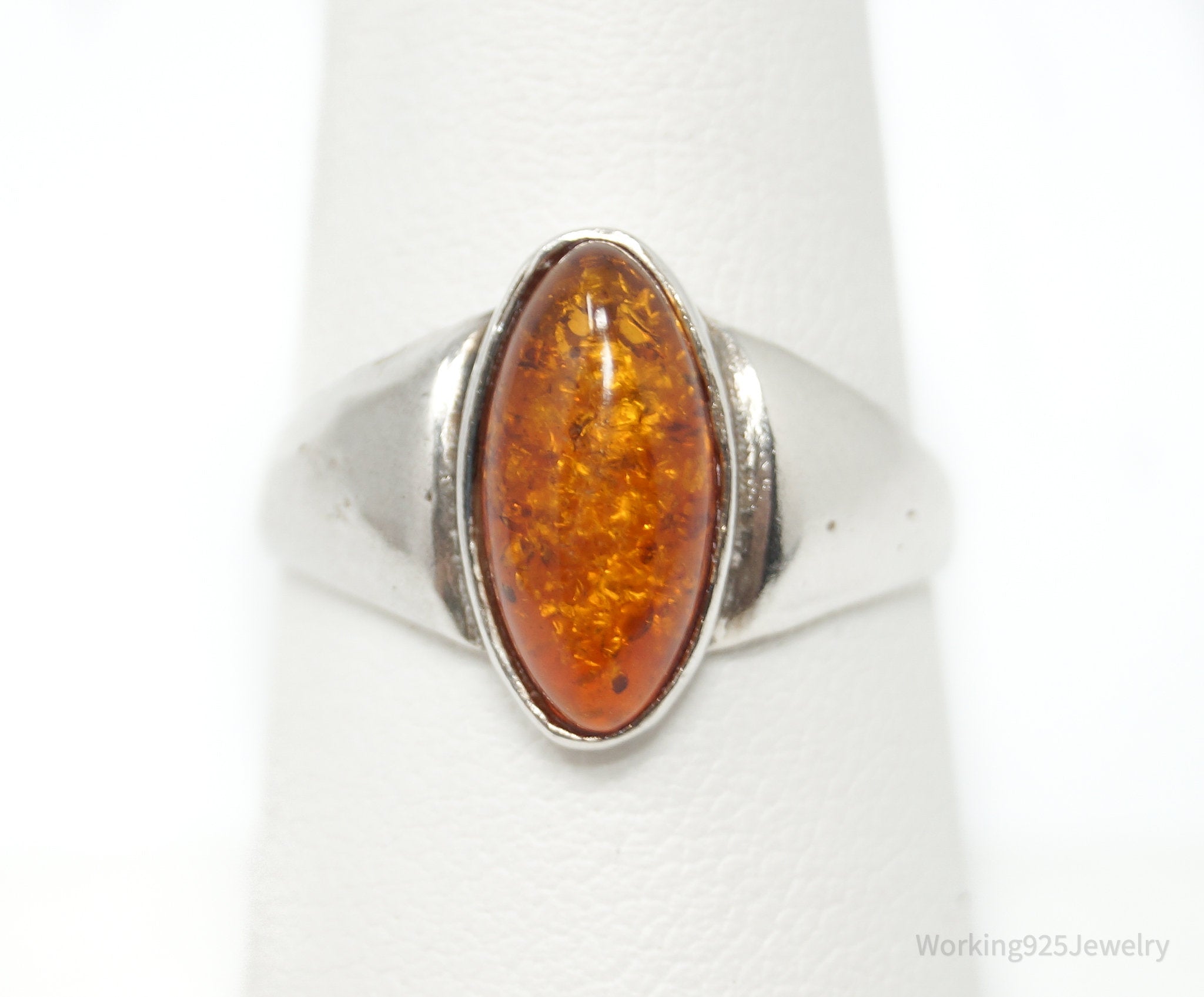 Vintage Modernist Amber Sterling Silver Statement Ring - Size 8