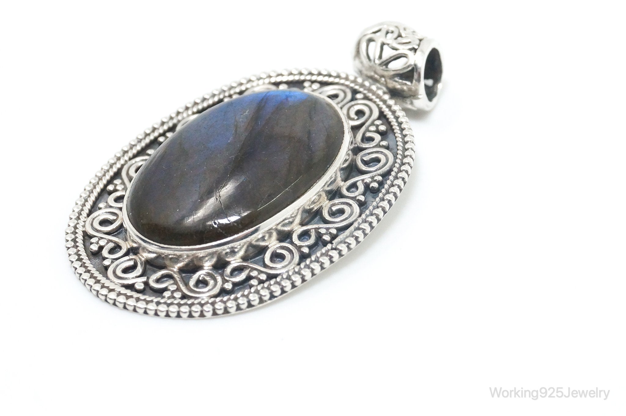 Vintage Large Labradorite Bali Sterling Silver Necklace Pendant