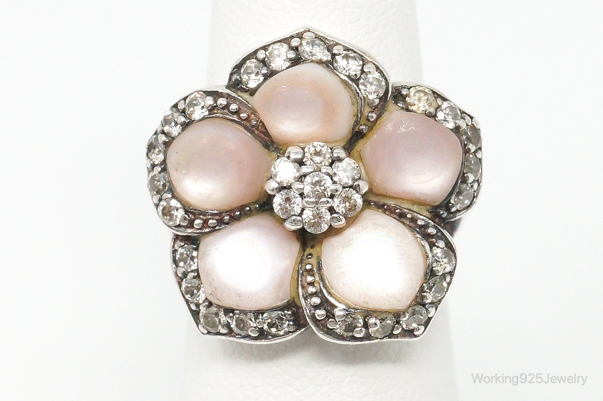 Vintage Mother Of Pearl Cubic Zirconia Sterling Silver Ring Size 5