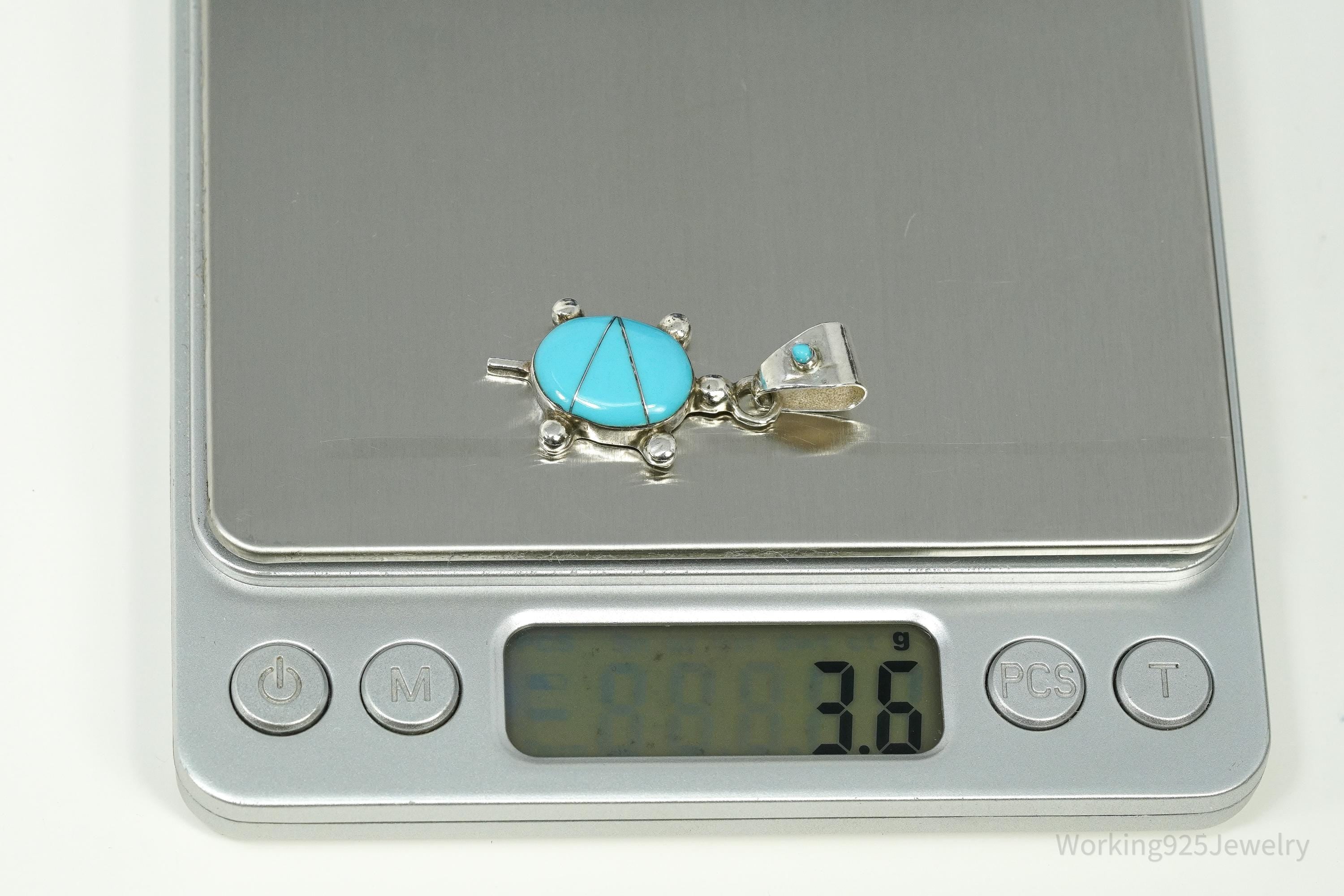 Vintage Native American Turquoise Inlay Turtle Sterling Silver Pendant 1.5"
