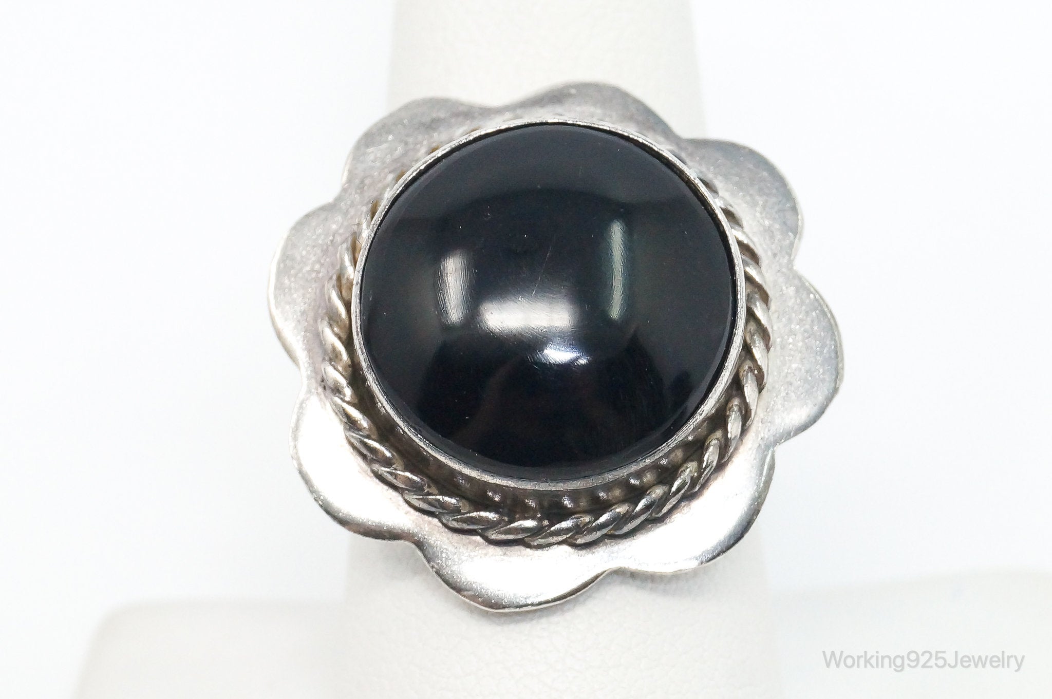 Vintage Mexico Large Black Onyx Flower Sterling Silver Ring SZ 8.5 Adjustable