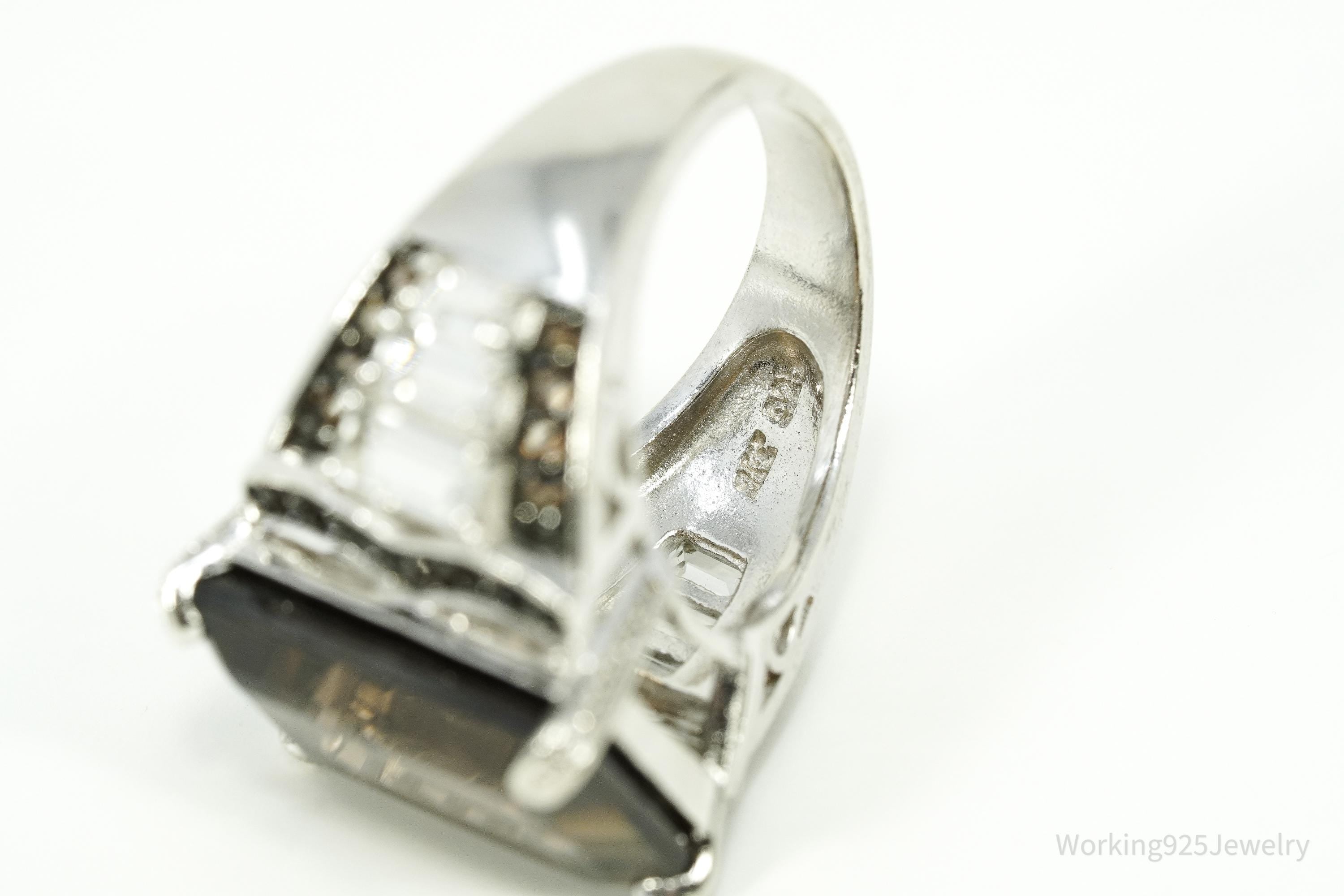 Vintage Large Smoky Quartz & White Topaz Sterling Silver Ring - Size 8