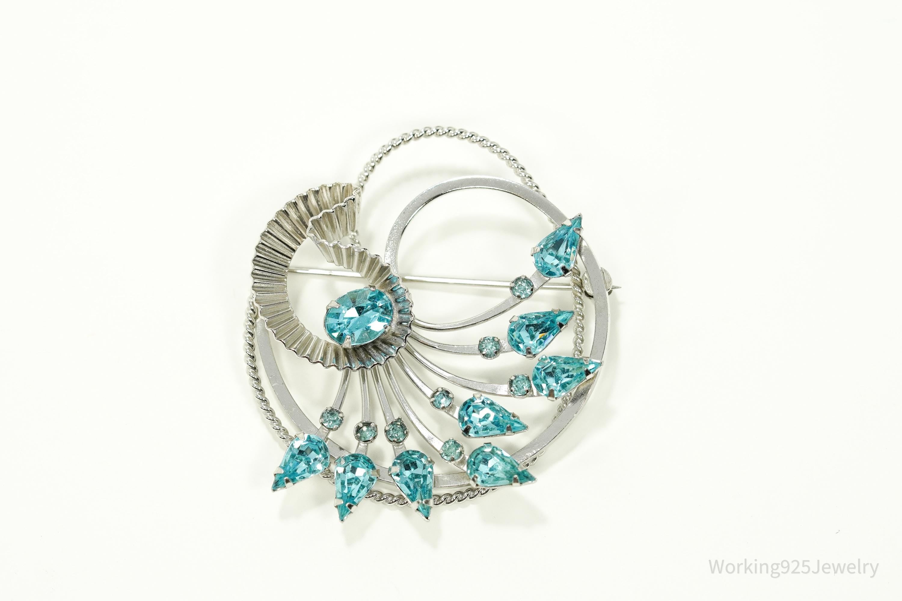 Vintage Designer BOND BOYD Blue Rhinestone Art Deco Sterling Silver Brooch Pin