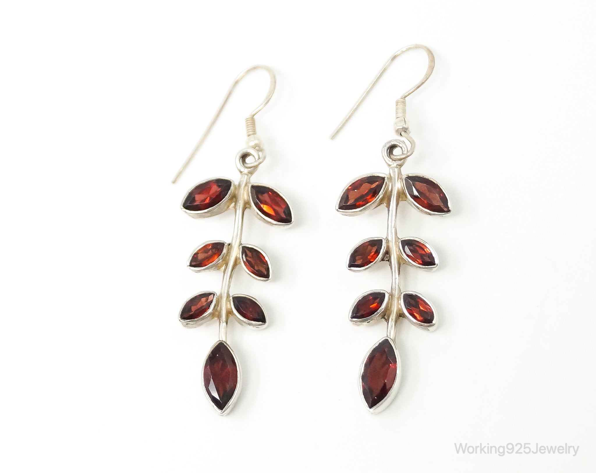 Vintage Garnet Vine Leaves Sterling Silver Earrings