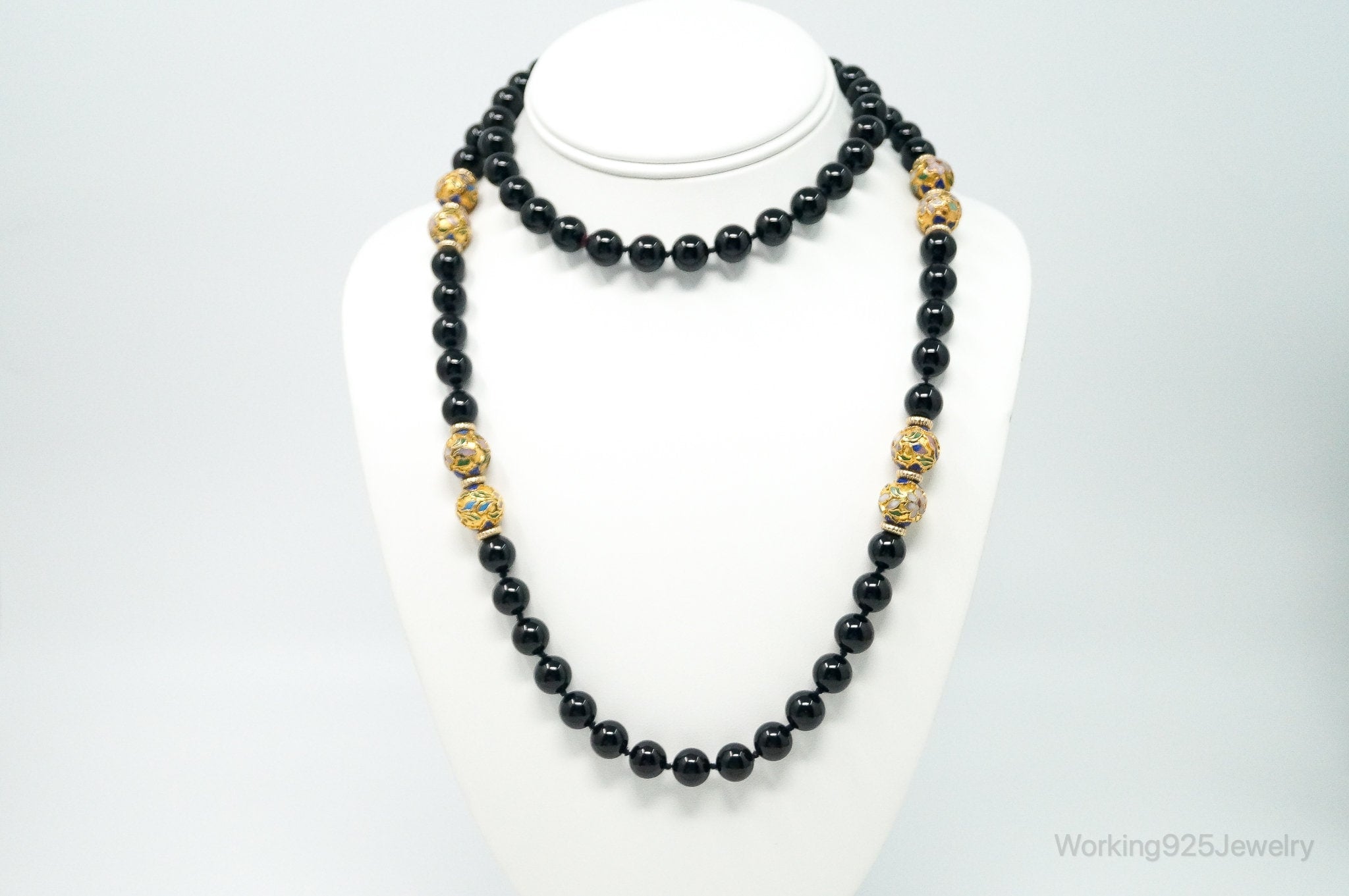 Vintage Long Black Onyx Cloisonne Beads Necklace