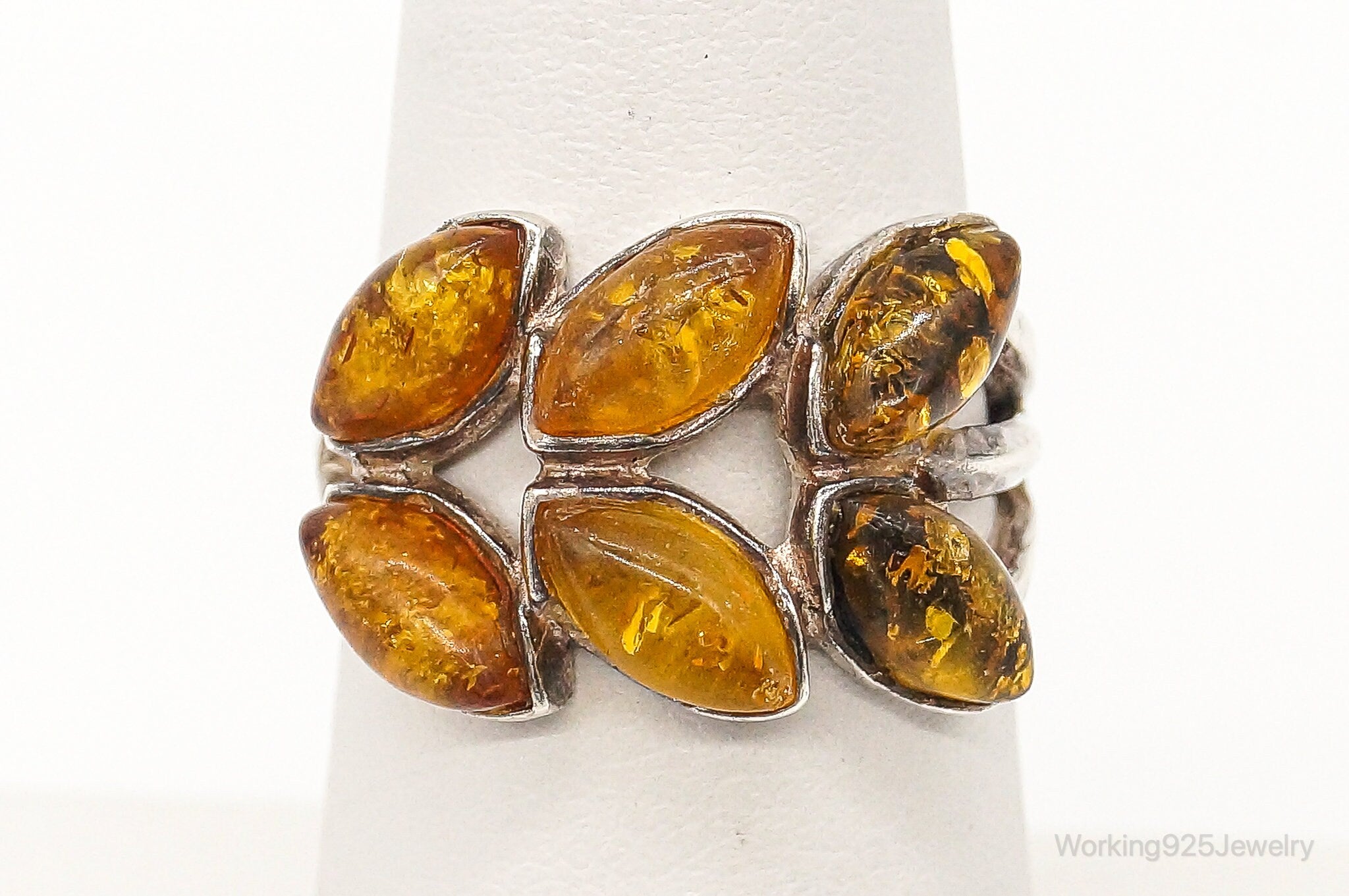 Vintage Modernist Amber Sterling Silver Ring - Size 6