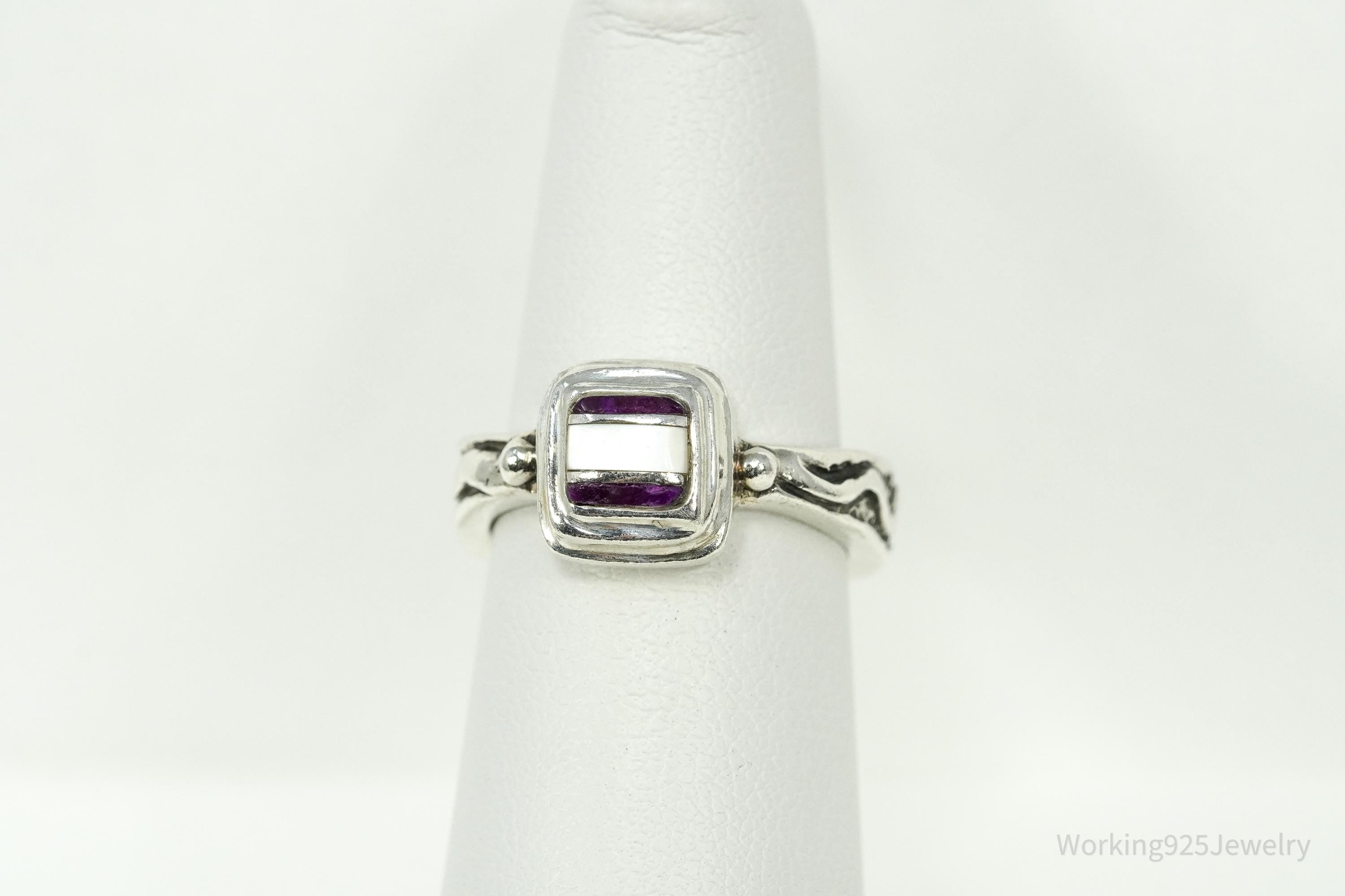 Vintage DeSantis Jewelry Co Mother Of Pearl & Charoite Inlay Sterling Silver Ring - Size 5.75