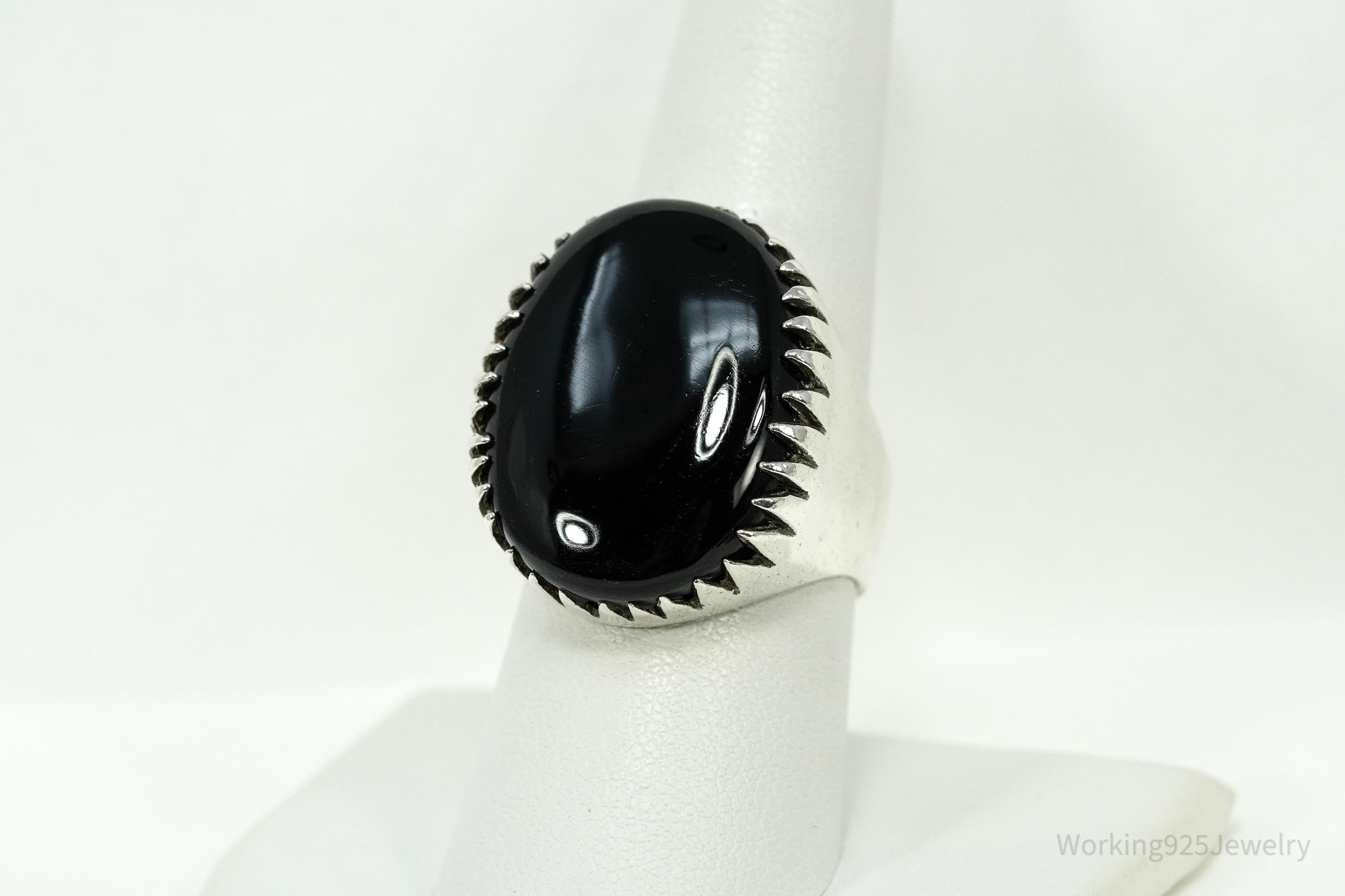Vintage Large Black Onyx Sterling Silver Ring - Size 8.25