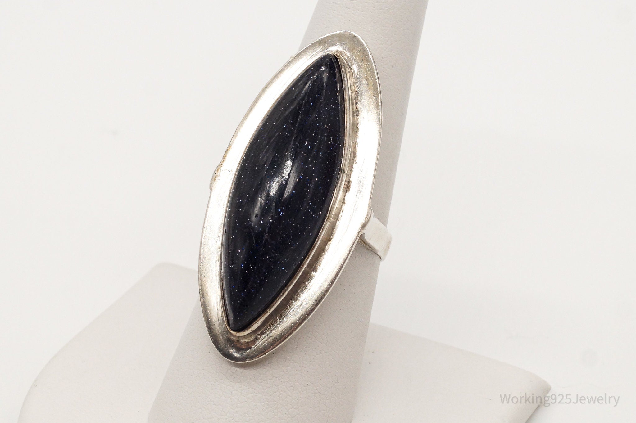 Vintage Long Blue Goldstone Silver Ring - Size 7.5