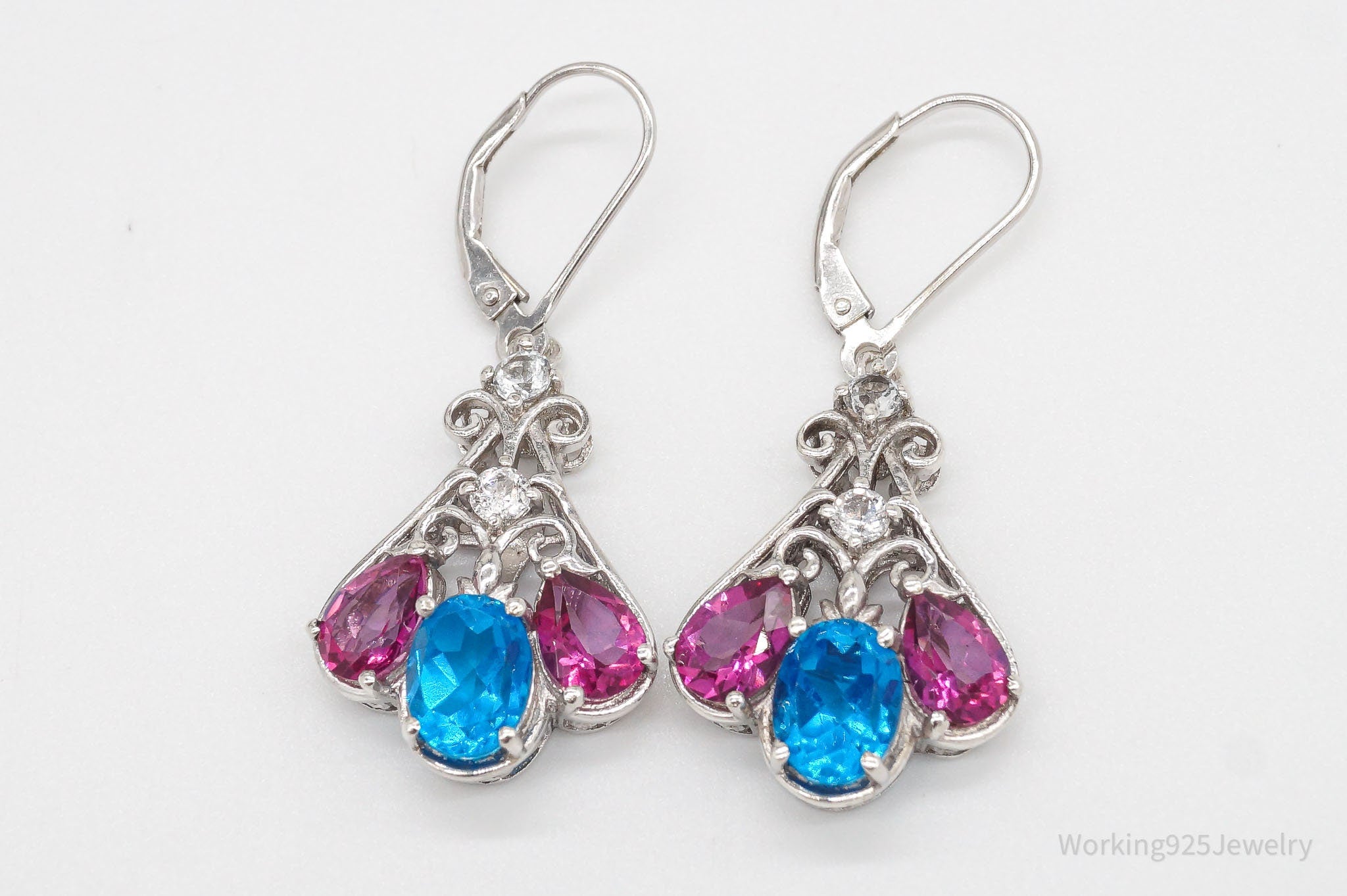 Vintage Blue Pink & White Topaz Sterling Silver Earrings