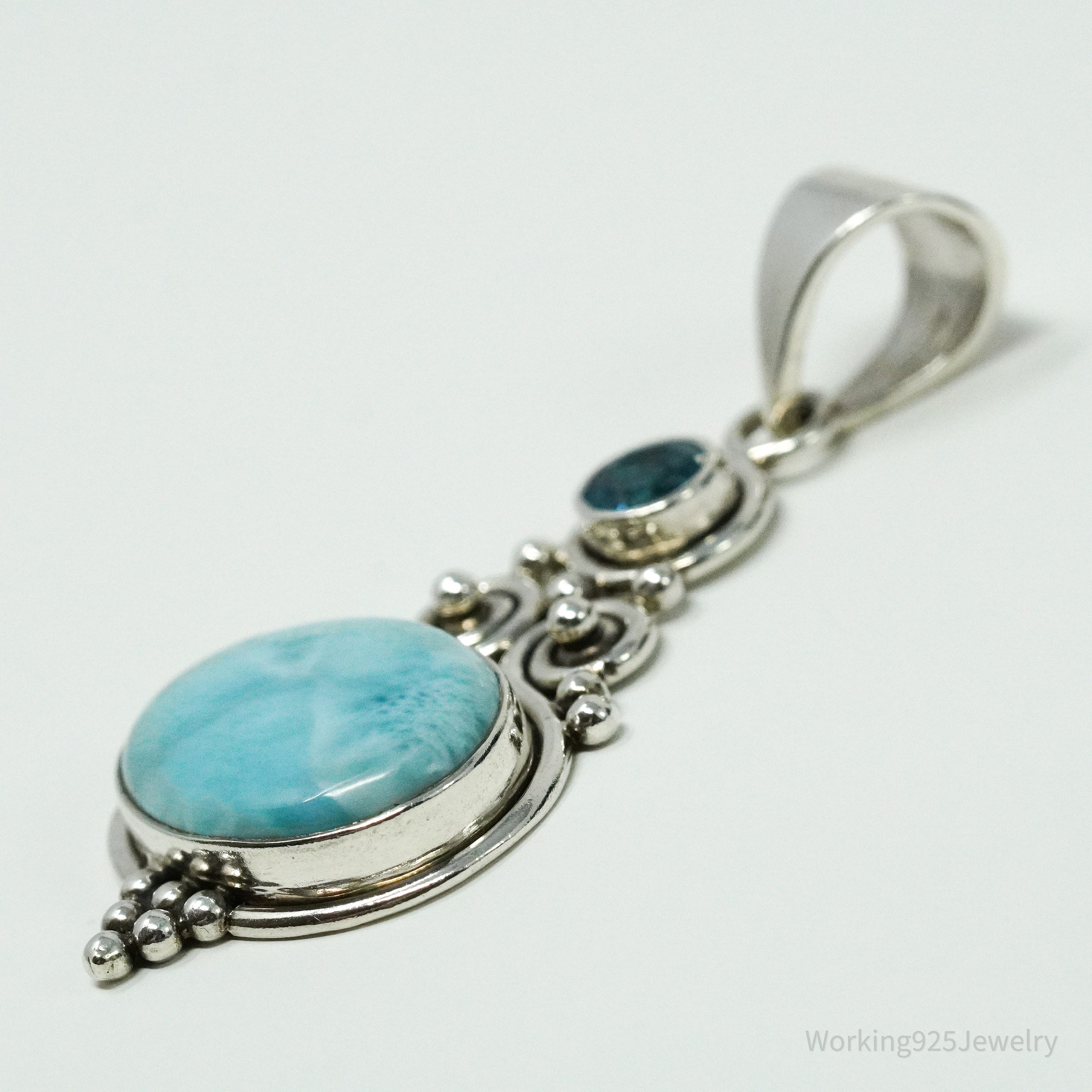 Vintage Designer SJ Blue Larimar & Blue Topaz Sterling Silver Pendant