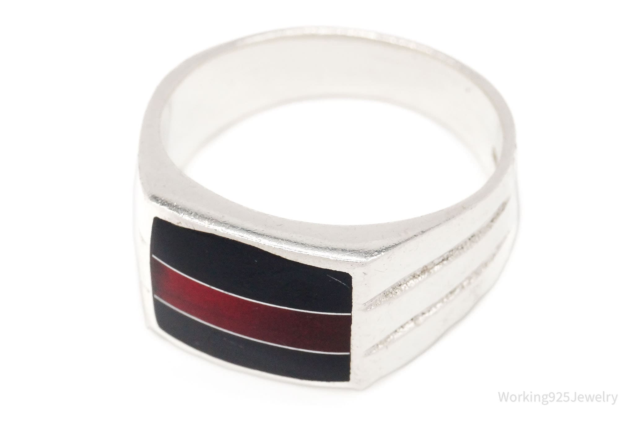 Vintage Red & Black Enamel Sterling Silver Ring - Size 10