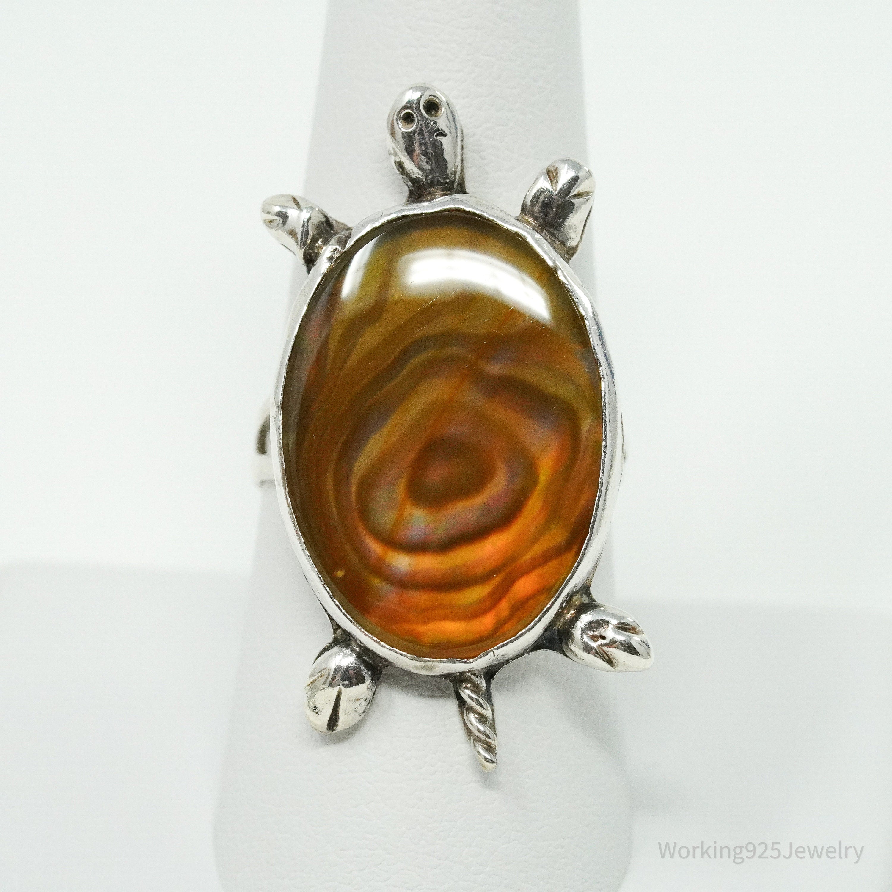Vintage Abalone Paua Shell Inlay Turtle Silver Ring - Size 8.5