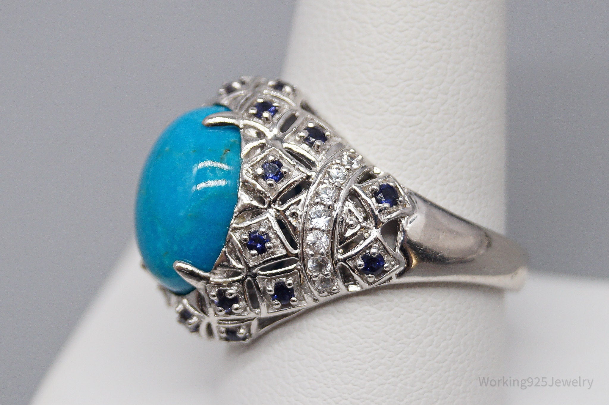 Vintage Turquoise Iolite Cubic Zirconia Sterling Silver Ring - Size 10